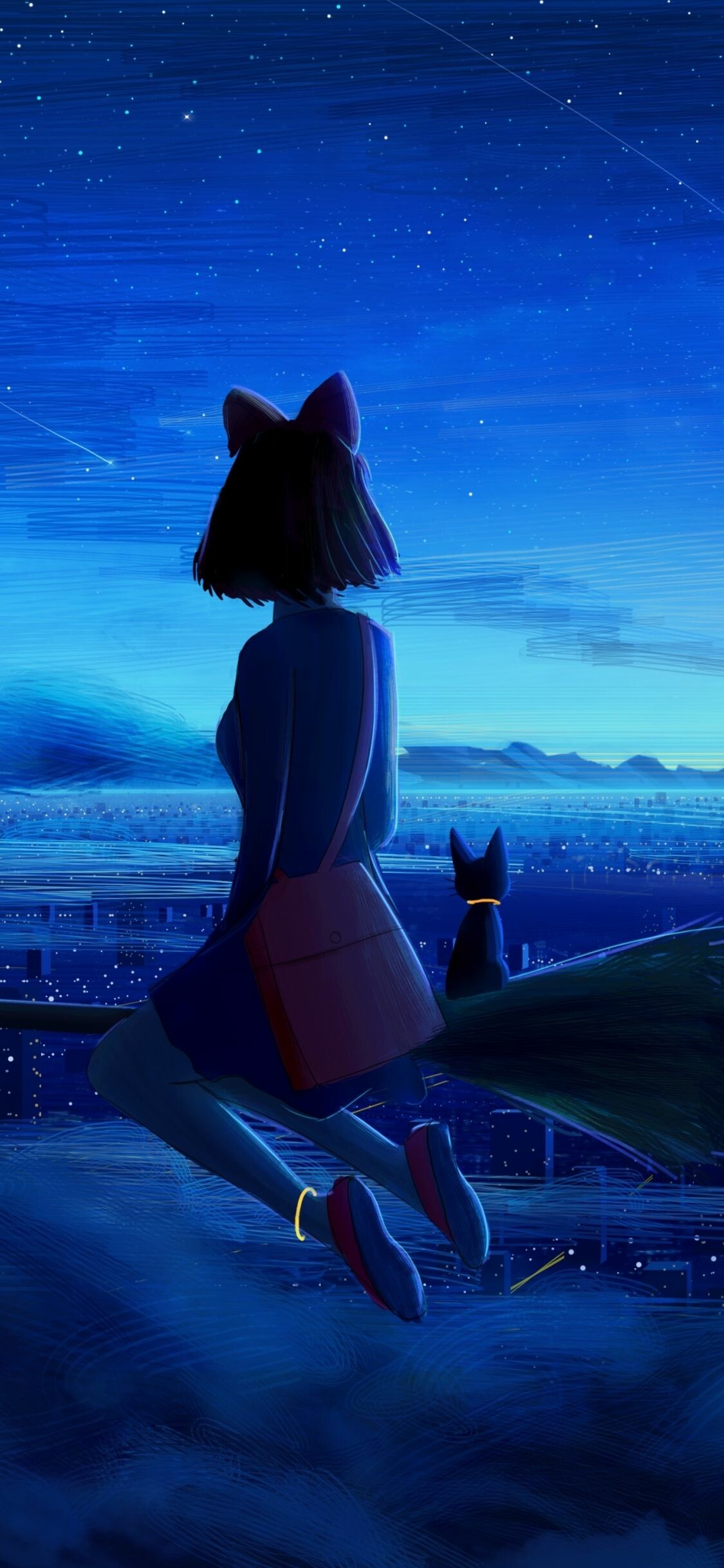 Kiki on broomstick, Jiji black cat, Starry night over city Kiki on broomstick, Jiji black cat, Starry night over city — 1125×2436 HD wallpaper