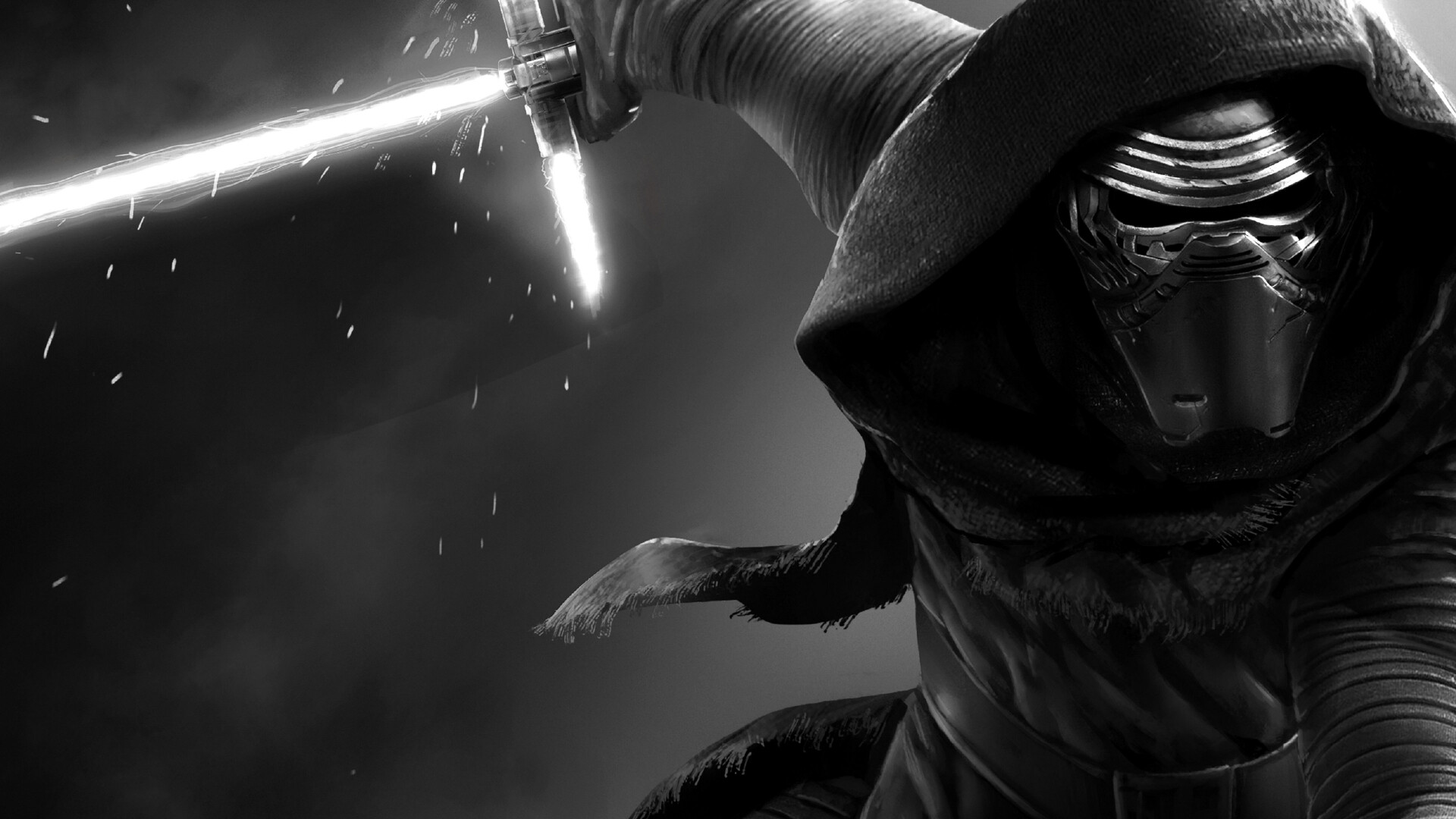 Kylo Ren masked, First Order, Crossguard lightsaber, Black-and-white portrait Kylo Ren masked, First Order, Crossguard lightsaber, Black-and-white portrait — 1920×1080 HD wallpaper