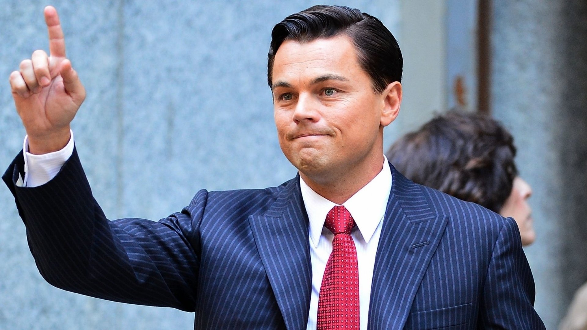 Jordan Belfort DiCaprio, Pinstripe suit red tie, Raised finger gesture Jordan Belfort DiCaprio, Pinstripe suit red tie, Raised finger gesture — 1920×1080 HD wallpaper