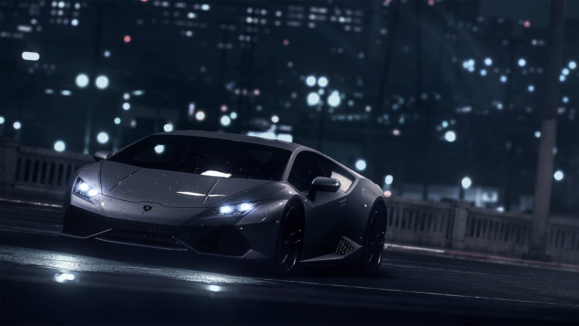 Lamborghini Huracan, Night city bokeh, Wet asphalt road Lamborghini Huracan, Night city bokeh, Wet asphalt road — 1920×1080 HD wallpaper