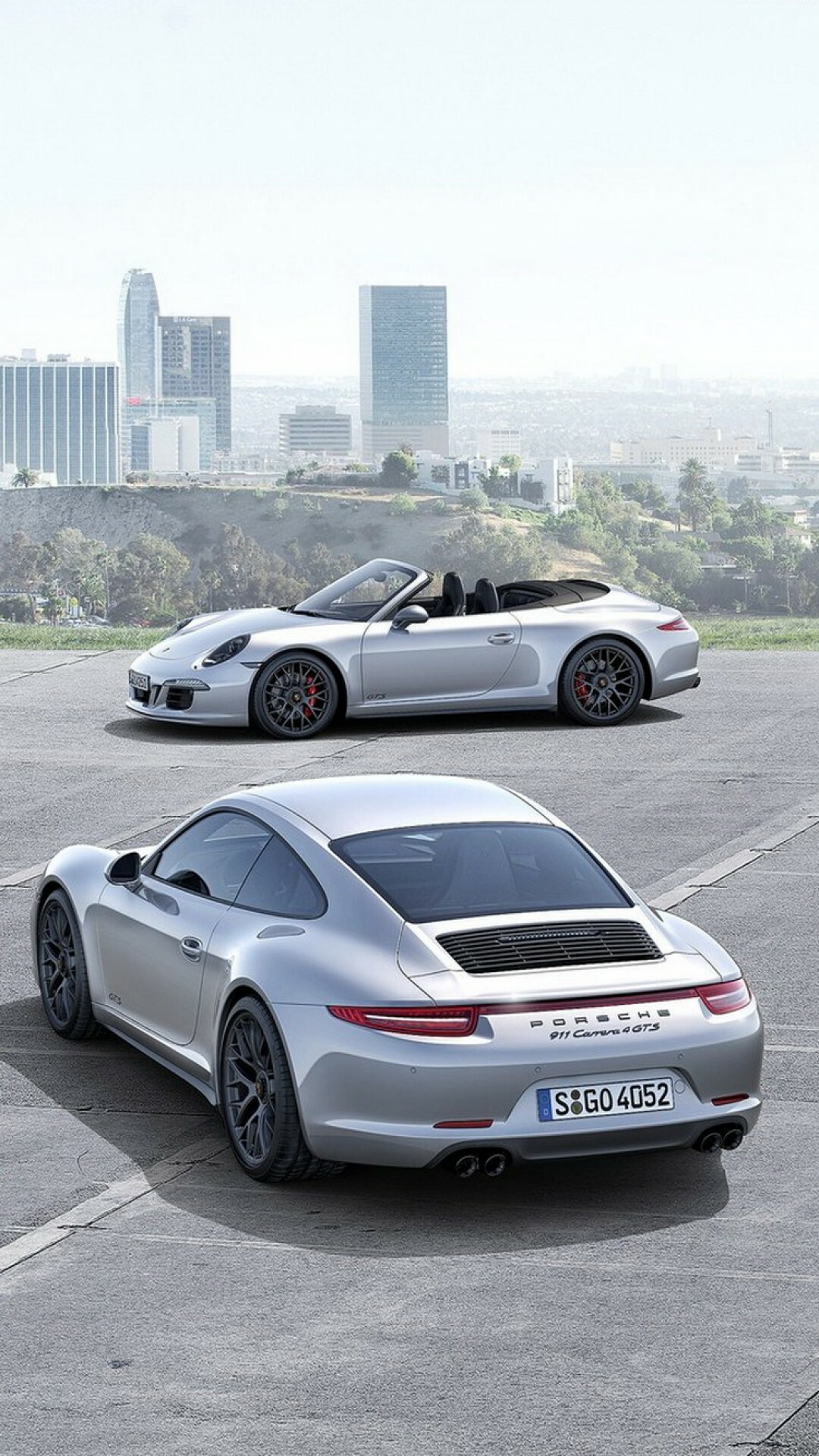 Silver 991 Carrera GTS, Coupe and cabriolet, City skyline overlook Silver 991 Carrera GTS, Coupe and cabriolet, City skyline overlook — 1080×1920 HD wallpaper