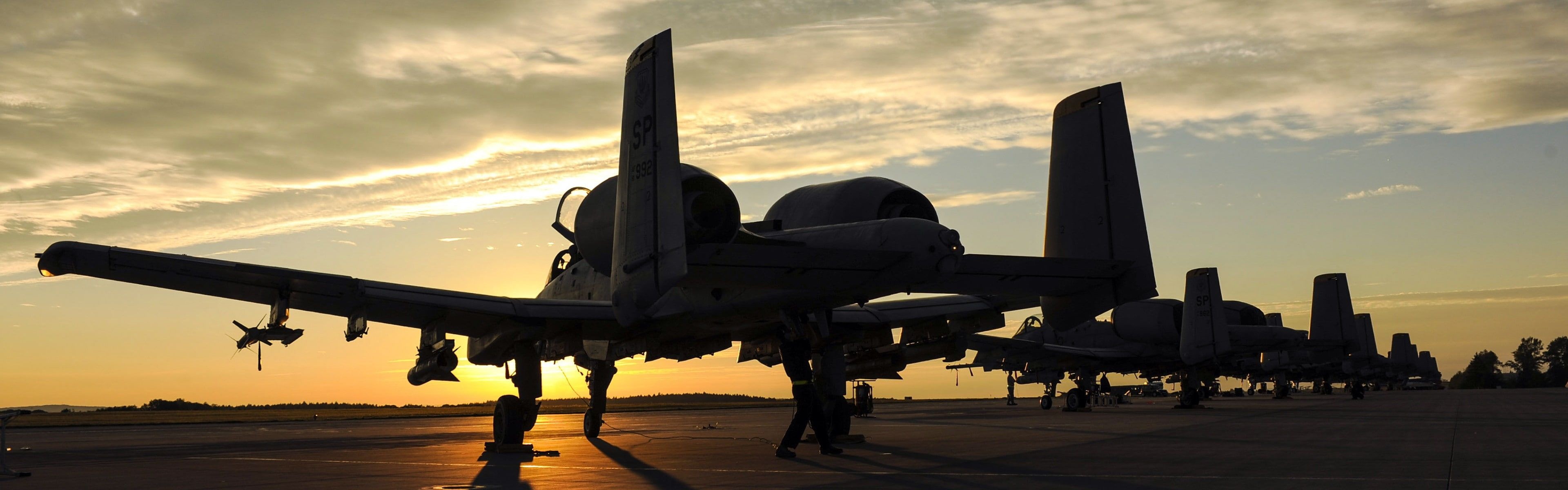 A-10 Warthog, SP tail marking, Sunset airfield tarmac, Dual Screen A-10 Warthog, SP tail marking, Sunset airfield tarmac, Dual Screen — 3840×1200 HD wallpaper