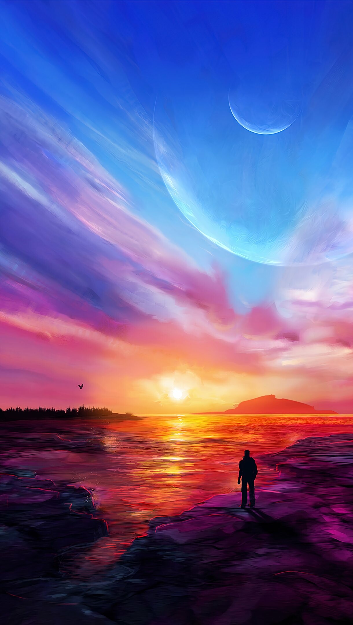 Sci-fi digital painting, Giant crescent planet, Lone figure shoreline, Vibrant sunset ocean Sci-fi digital painting, Giant crescent planet, Lone figure shoreline, Vibrant sunset ocean — 1220×2160 HD wallpaper