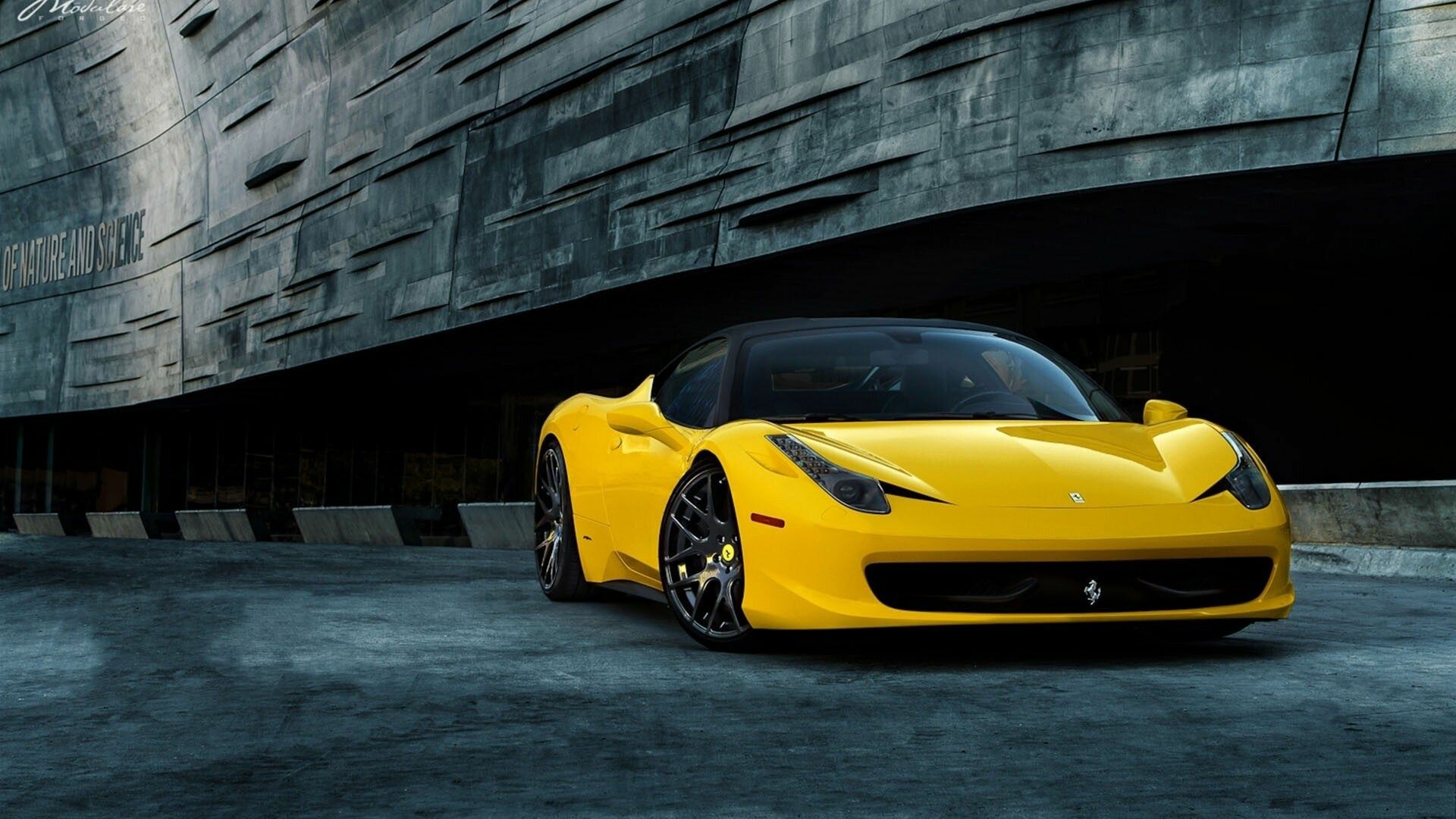 Yellow Ferrari 458 Italia, Black contrast roof, Brutalist concrete wall Yellow Ferrari 458 Italia, Black contrast roof, Brutalist concrete wall — 1920×1080 HD wallpaper