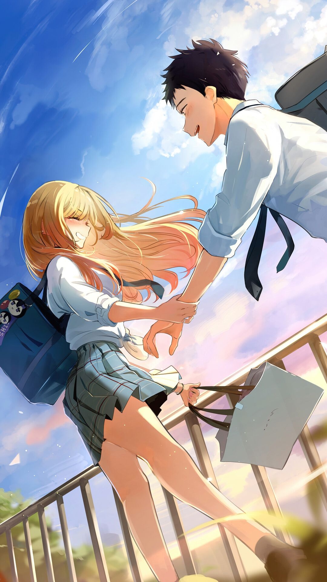 Marin Kitagawa, Wakana Gojo, School rooftop railing Marin Kitagawa, Wakana Gojo, School rooftop railing — 1080×1920 HD wallpaper