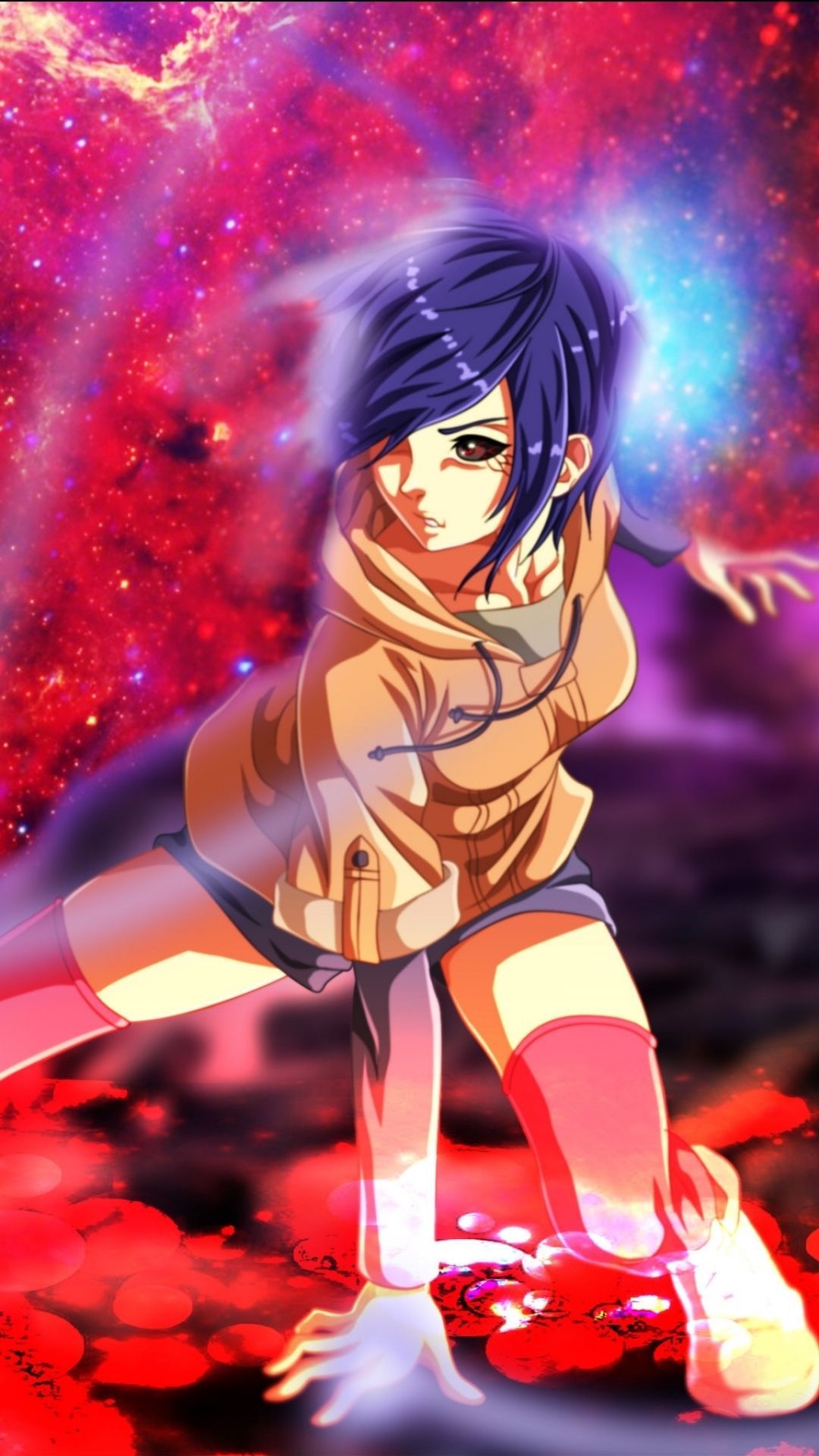 Touka Kirishima, Tan hoodie shorts, Red cosmic nebula Touka Kirishima, Tan hoodie shorts, Red cosmic nebula — 1080×1920 HD wallpaper