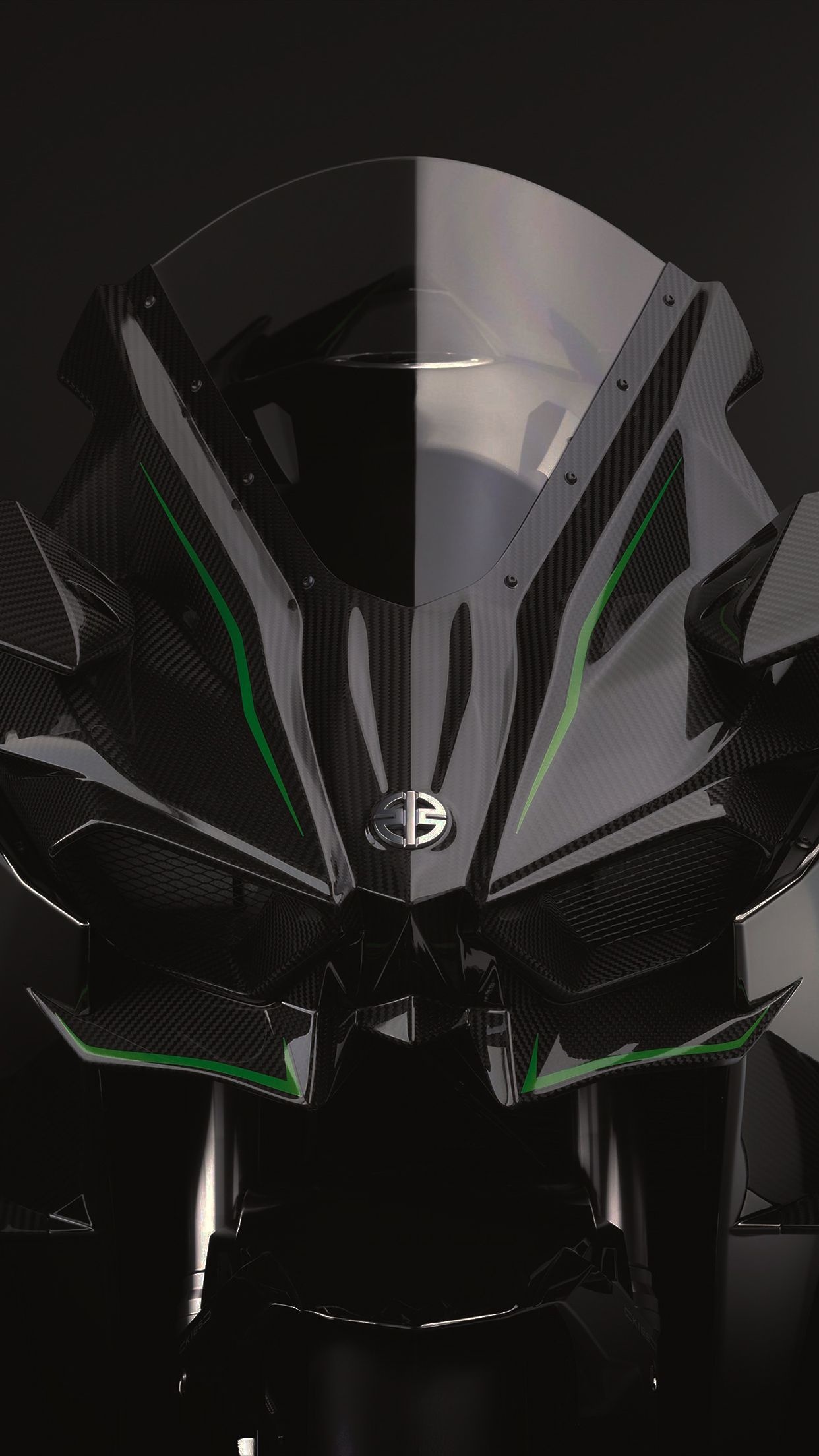 Kawasaki Ninja H2R fairing, Carbon winglets closeup, Green accent dark Kawasaki Ninja H2R fairing, Carbon winglets closeup, Green accent dark — 1242×2208 HD wallpaper