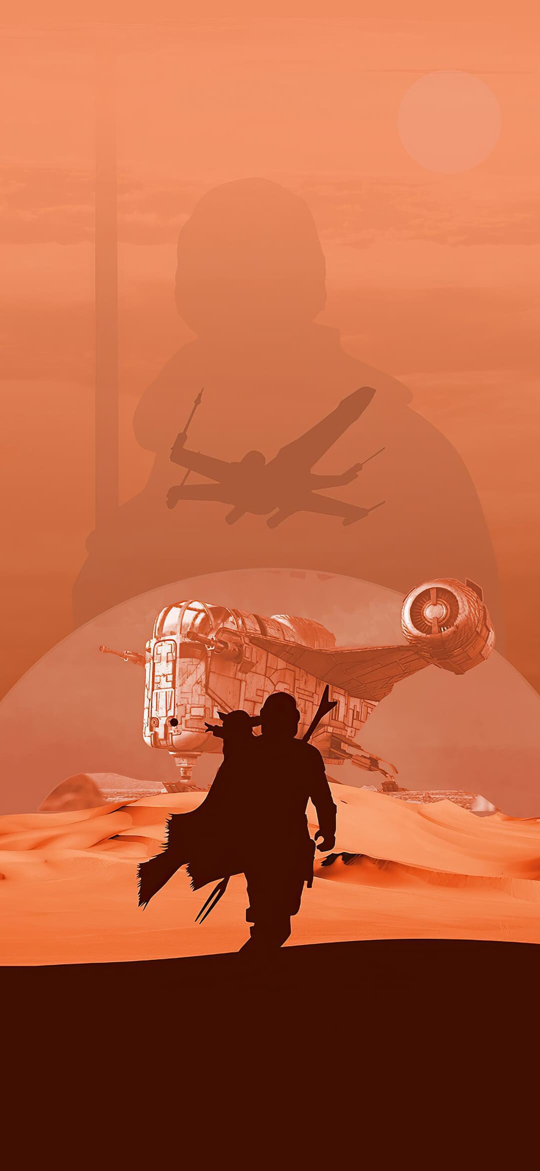 Din Djarin silhouette, Grogu, Razor Crest, X-wing fighters, The Mandalorian, Tatooine Din Djarin silhouette, Grogu, Razor Crest, X-wing fighters, The Mandalorian, Tatooine — 1080×2340 HD wallpaper