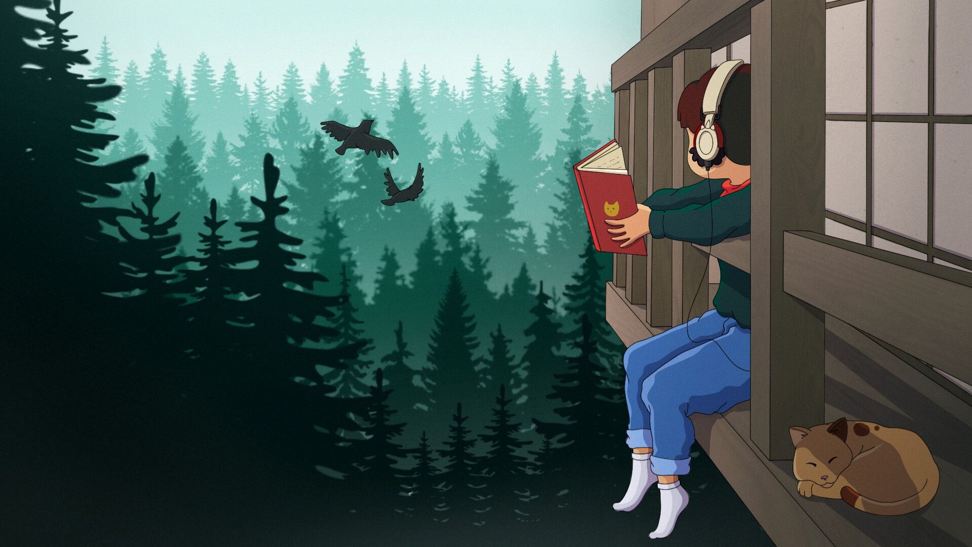 Boy reading book, Sleeping tabby cat, Misty pine forest, Red headphones porch Boy reading book, Sleeping tabby cat, Misty pine forest, Red headphones porch — 1920×1080 HD wallpaper