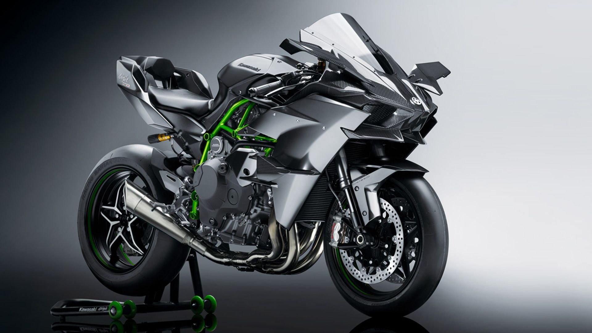 Kawasaki Ninja H2R, Front three-quarter on paddock stand, Mirror silver finish Kawasaki Ninja H2R, Front three-quarter on paddock stand, Mirror silver finish — 1920×1080 HD wallpaper