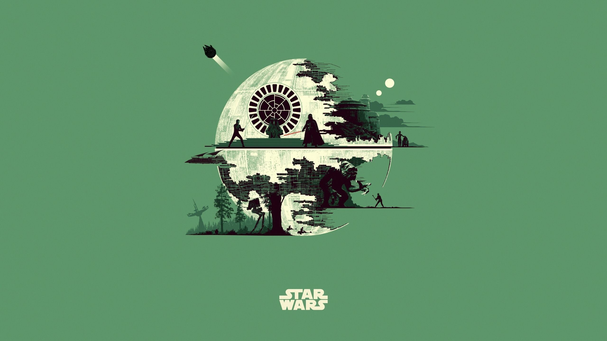 Darth Vader and Luke Skywalker duel, Yoda, R2-D2 and C-3PO, AT-ST, Death Star II, Return of the Jedi montage, Endor forest silhouettes — 2560×1440 HD wallpaper