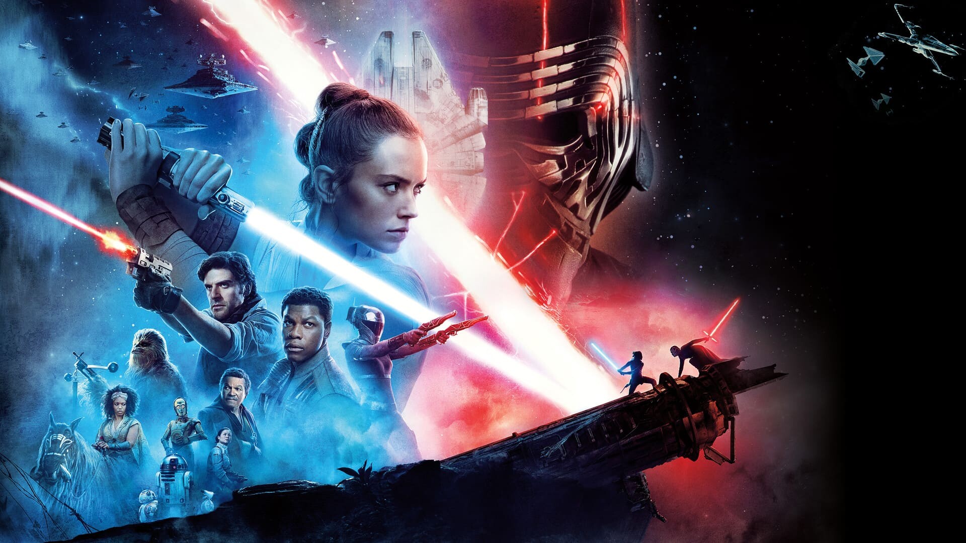 Rey blue lightsaber, Kylo Ren helmet, Finn, Poe Dameron and Chewbacca, Millennium Falcon, Star Destroyer and X-wing, Death Star II, The Rise of Skywalker (2019) poster Rey blue lightsaber, Kylo Ren helmet, Finn, Poe Dameron and Chewbacca, Millennium Falcon, Star Destroyer and X-wing, Death Star II, The Rise of Skywalker (2019) poster — 1920×1080 HD wallpaper