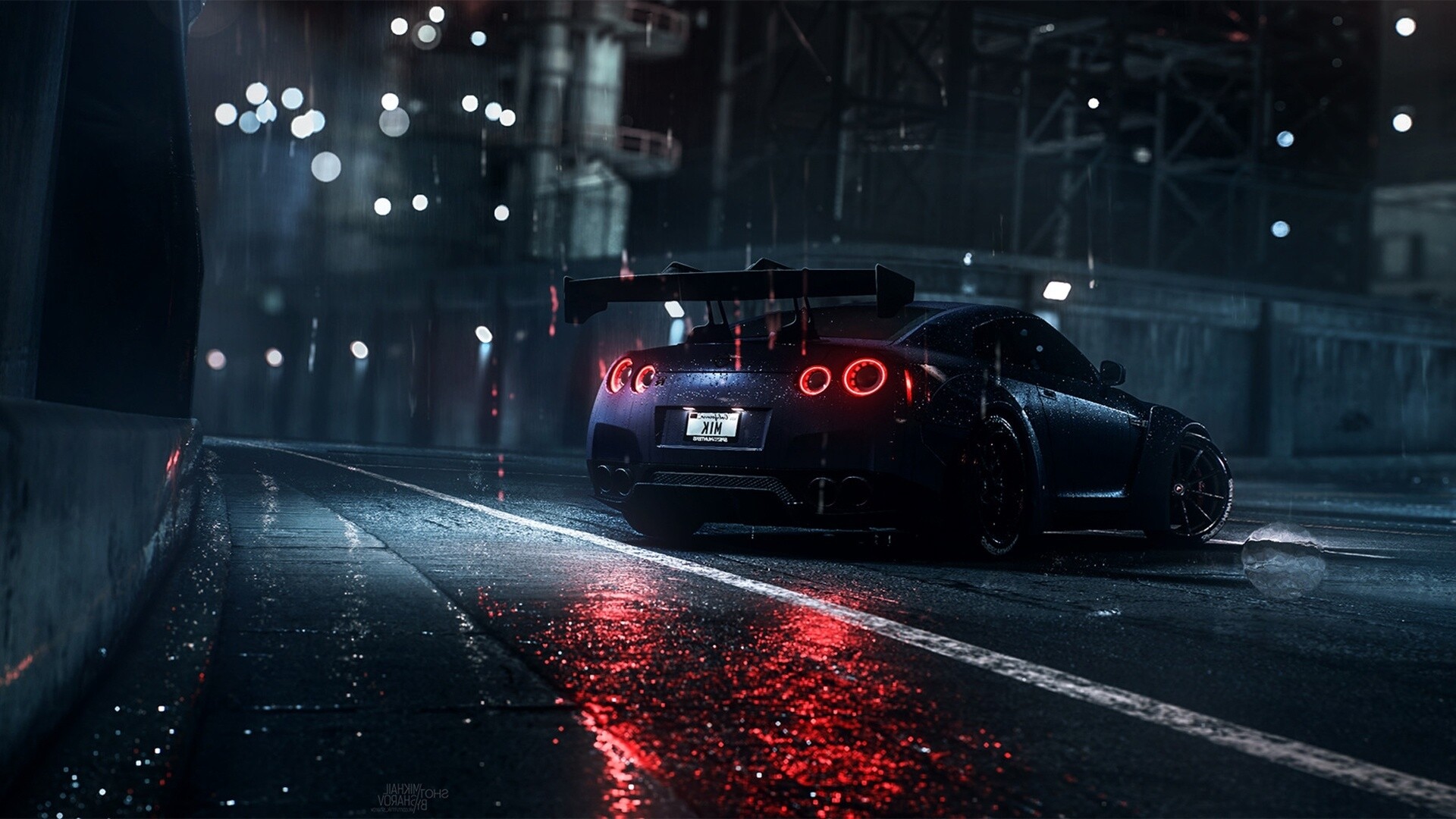 Nissan GT-R R35, Rainy night street, Glowing red taillights Nissan GT-R R35, Rainy night street, Glowing red taillights — 1920×1080 HD wallpaper