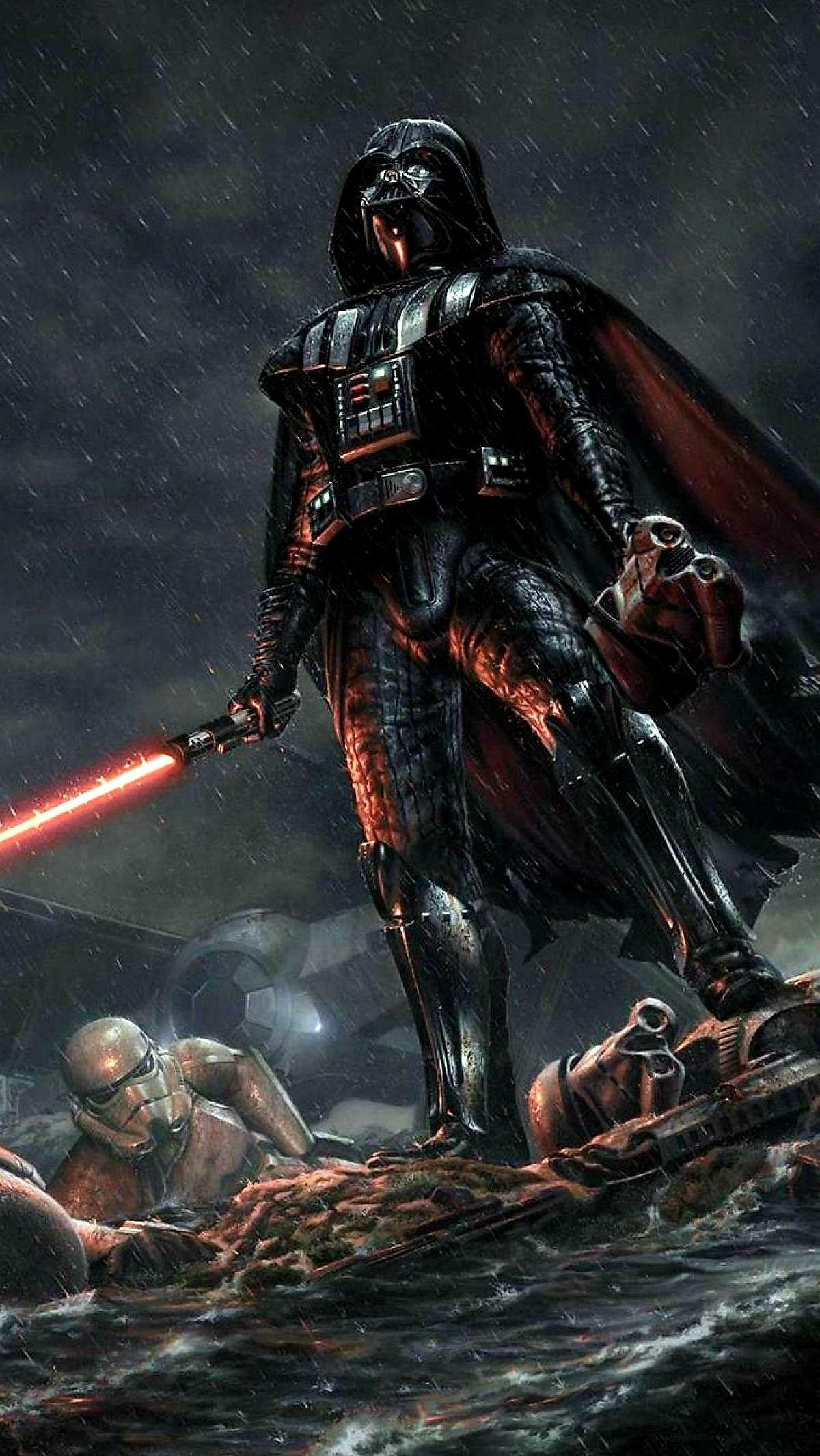 Darth Vader, Fallen stormtroopers, TIE Fighter, Galactic Empire, Sith, Red lightsaber, Rain Darth Vader, Fallen stormtroopers, TIE Fighter, Galactic Empire, Sith, Red lightsaber, Rain — 1200×2132 HD wallpaper