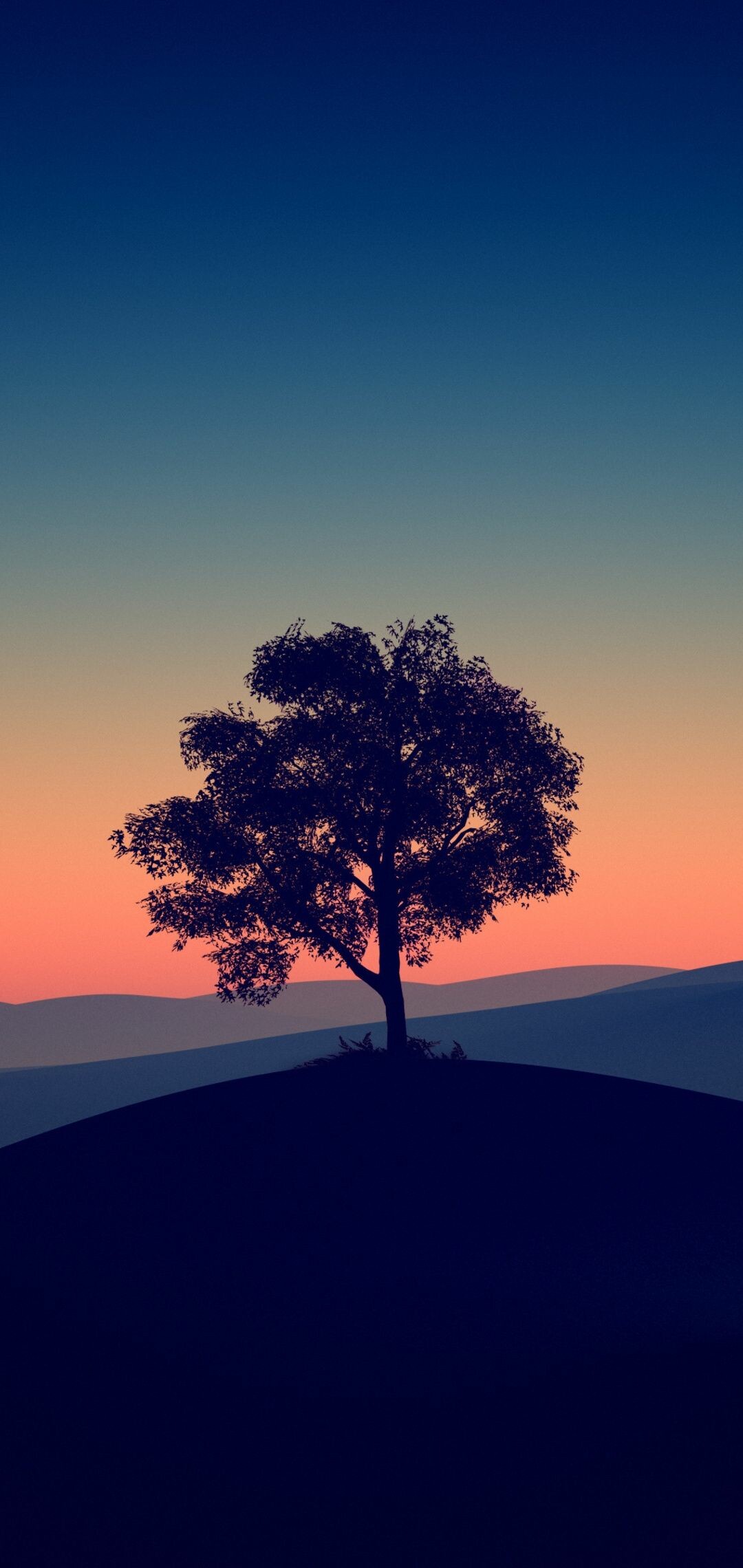 Lone tree silhouette, Sunset gradient sky, Rolling dark hills Lone tree silhouette, Sunset gradient sky, Rolling dark hills — 1080×2280 HD wallpaper
