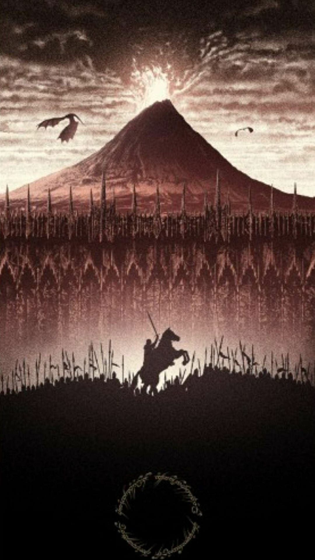Aragorn on rearing horse, Sauron, Nazgul, The Return of the King, One Ring inscription, Mount Doom erupting, Mordor Aragorn on rearing horse, Sauron, Nazgul, The Return of the King, One Ring inscription, Mount Doom erupting, Mordor — 1080×1920 HD wallpaper