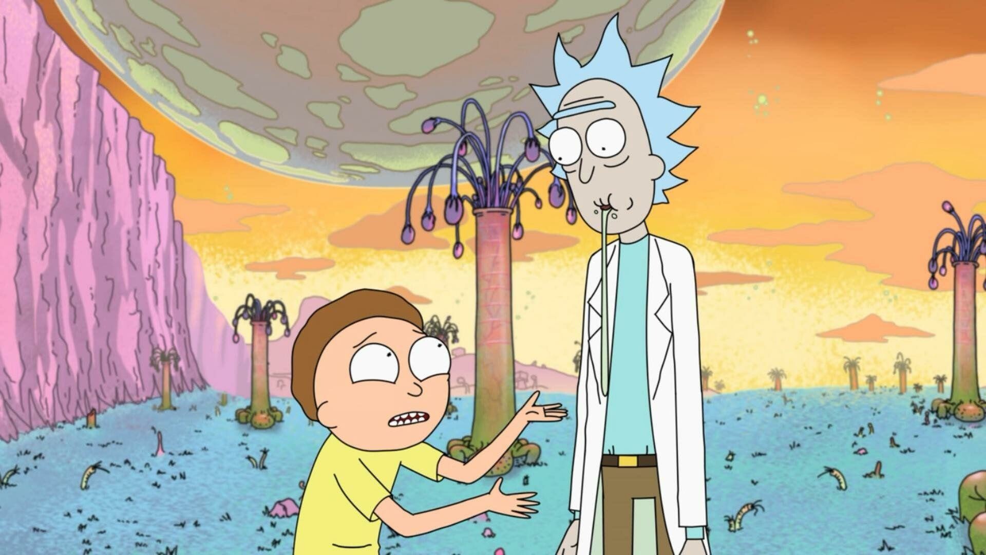 Rick Sanchez, Morty Smith, Alien planet landscape Rick Sanchez, Morty Smith, Alien planet landscape — 1920×1080 HD wallpaper
