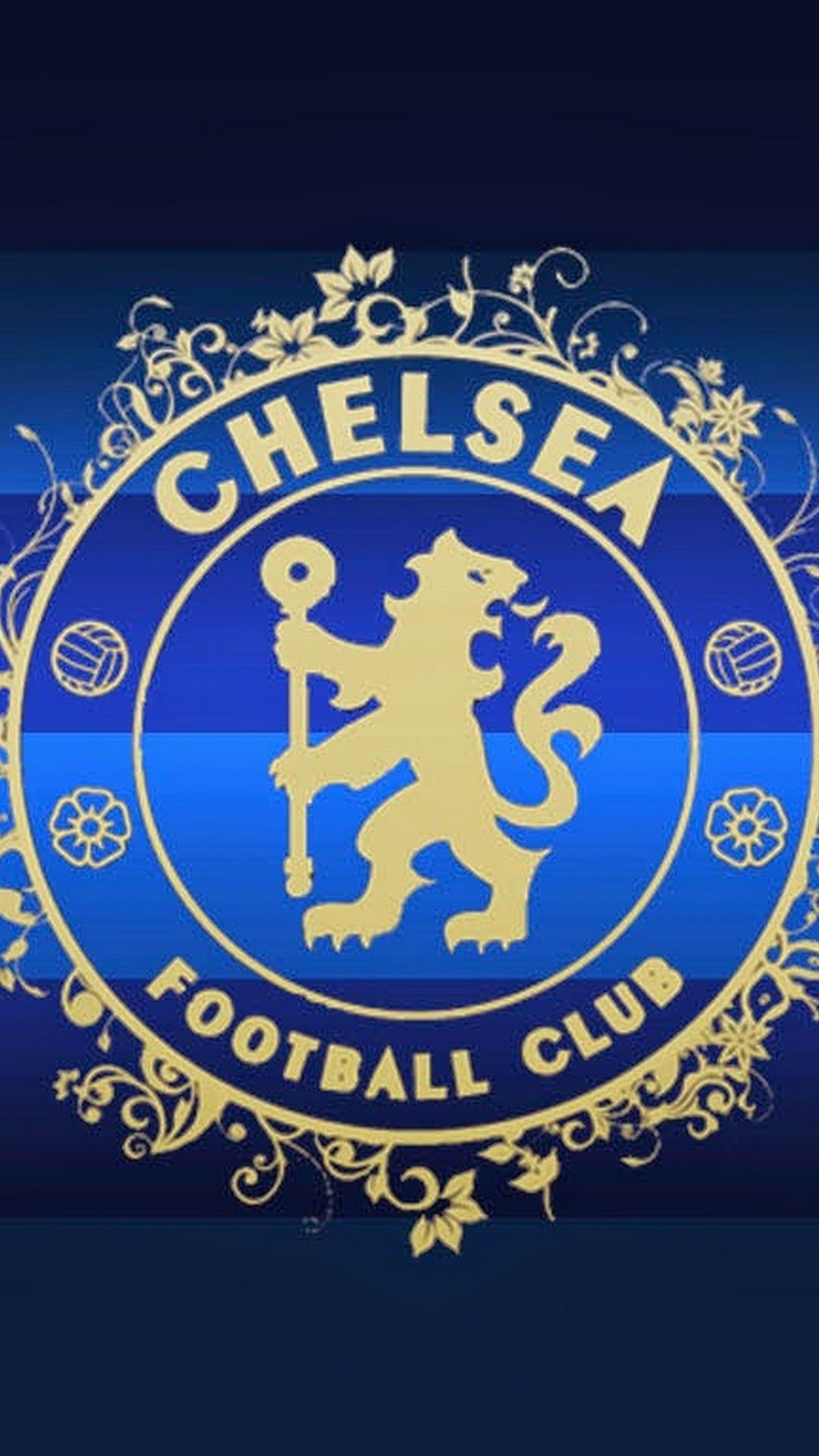 Chelsea FC gold crest, Floral ornamental border, Blue striped backdrop Chelsea FC gold crest, Floral ornamental border, Blue striped backdrop — 1080×1920 HD wallpaper