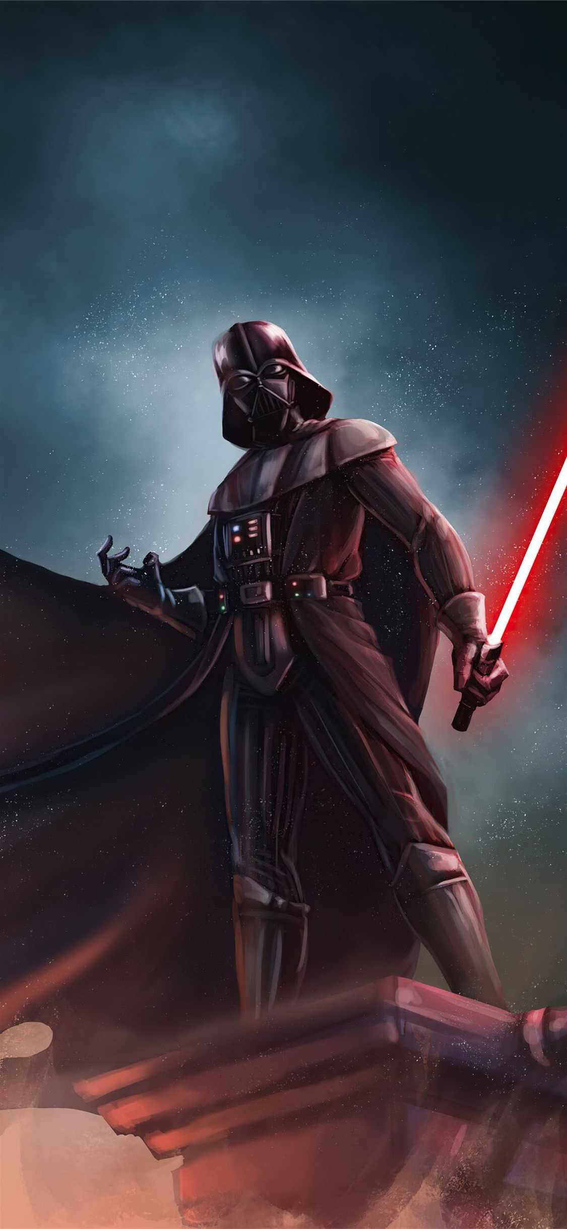 Darth Vader, Raised red lightsaber, Standing on stone steps, Misty teal sky Darth Vader, Raised red lightsaber, Standing on stone steps, Misty teal sky — 1125×2436 HD wallpaper