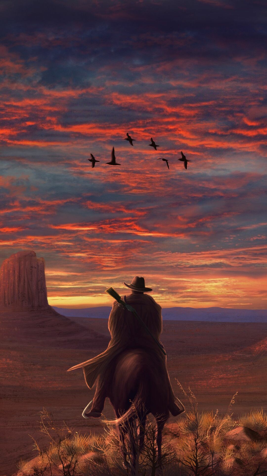 Cowboy on horseback, Monument Valley butte, Prairie sunset sky Cowboy on horseback, Monument Valley butte, Prairie sunset sky — 1080×1920 HD wallpaper