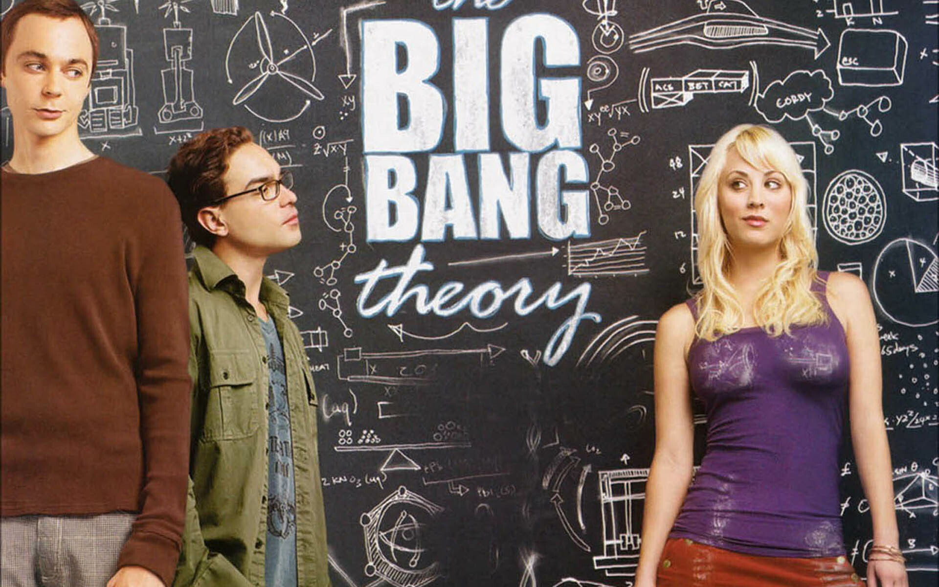 Sheldon Cooper and Leonard Hofstadter, Penny in purple tank, Chalkboard equations Sheldon Cooper and Leonard Hofstadter, Penny in purple tank, Chalkboard equations — 1920×1200 HD wallpaper