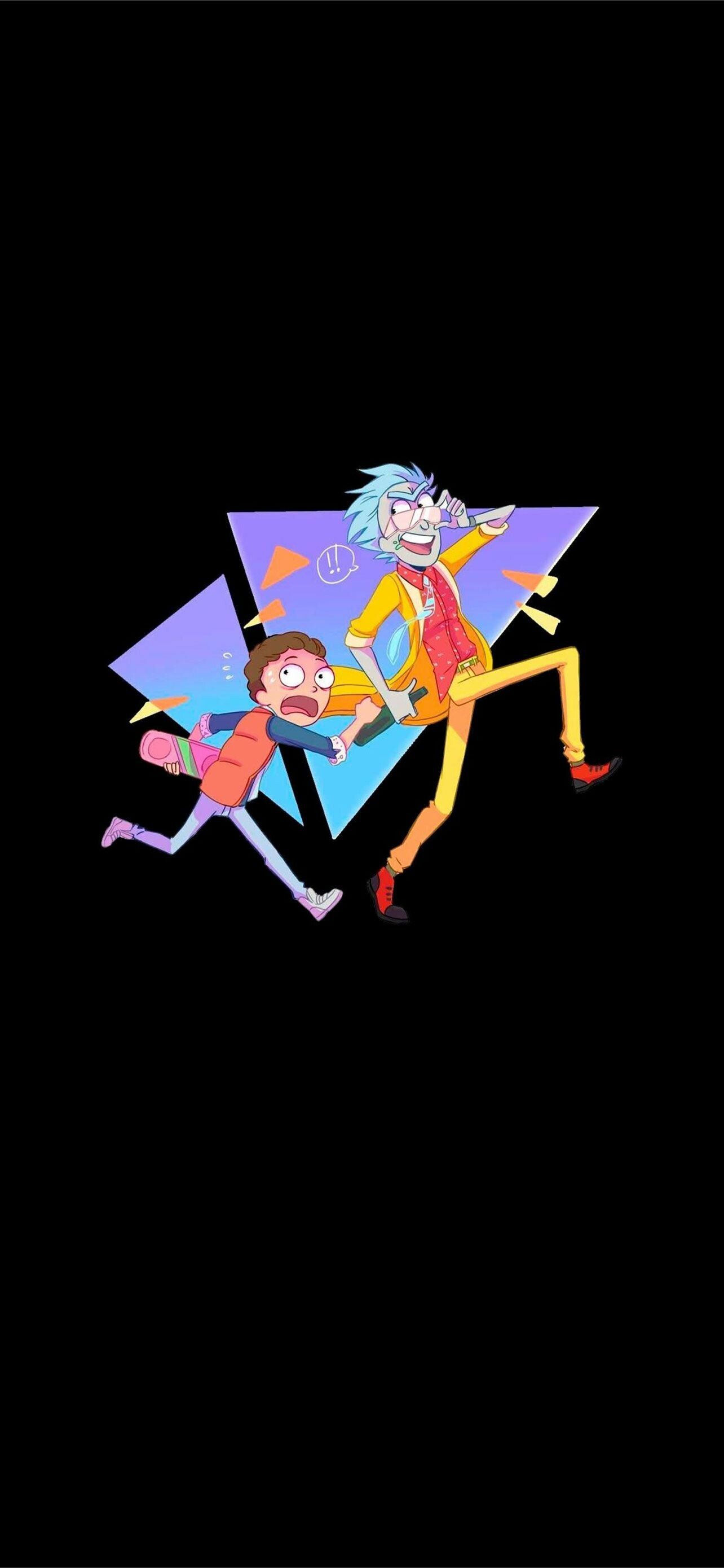 Rick Sanchez pointing, Morty Smith screaming, Purple triangle backdrop, Black background Rick Sanchez pointing, Morty Smith screaming, Purple triangle backdrop, Black background — 1284×2778 HD wallpaper