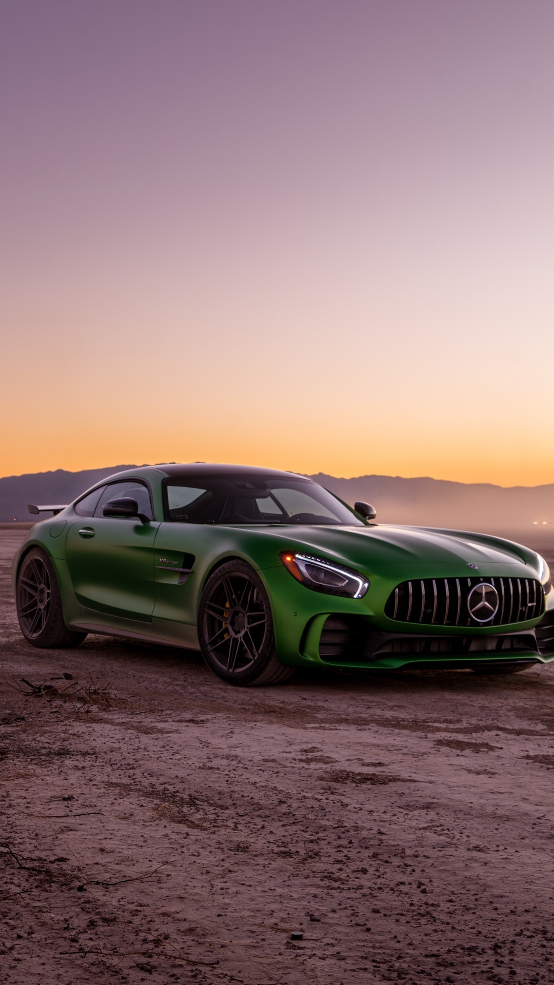 Mercedes-AMG GT R, Green sports coupe, Desert sunset horizon Mercedes-AMG GT R, Green sports coupe, Desert sunset horizon — 1080×1920 HD wallpaper