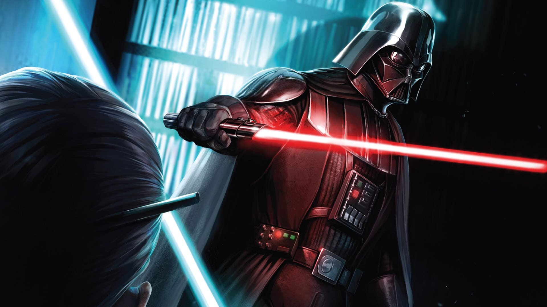 Darth Vader, Luke Skywalker, Red versus blue lightsabers, Lightsaber duel Darth Vader, Luke Skywalker, Red versus blue lightsabers, Lightsaber duel — 1920×1080 HD wallpaper