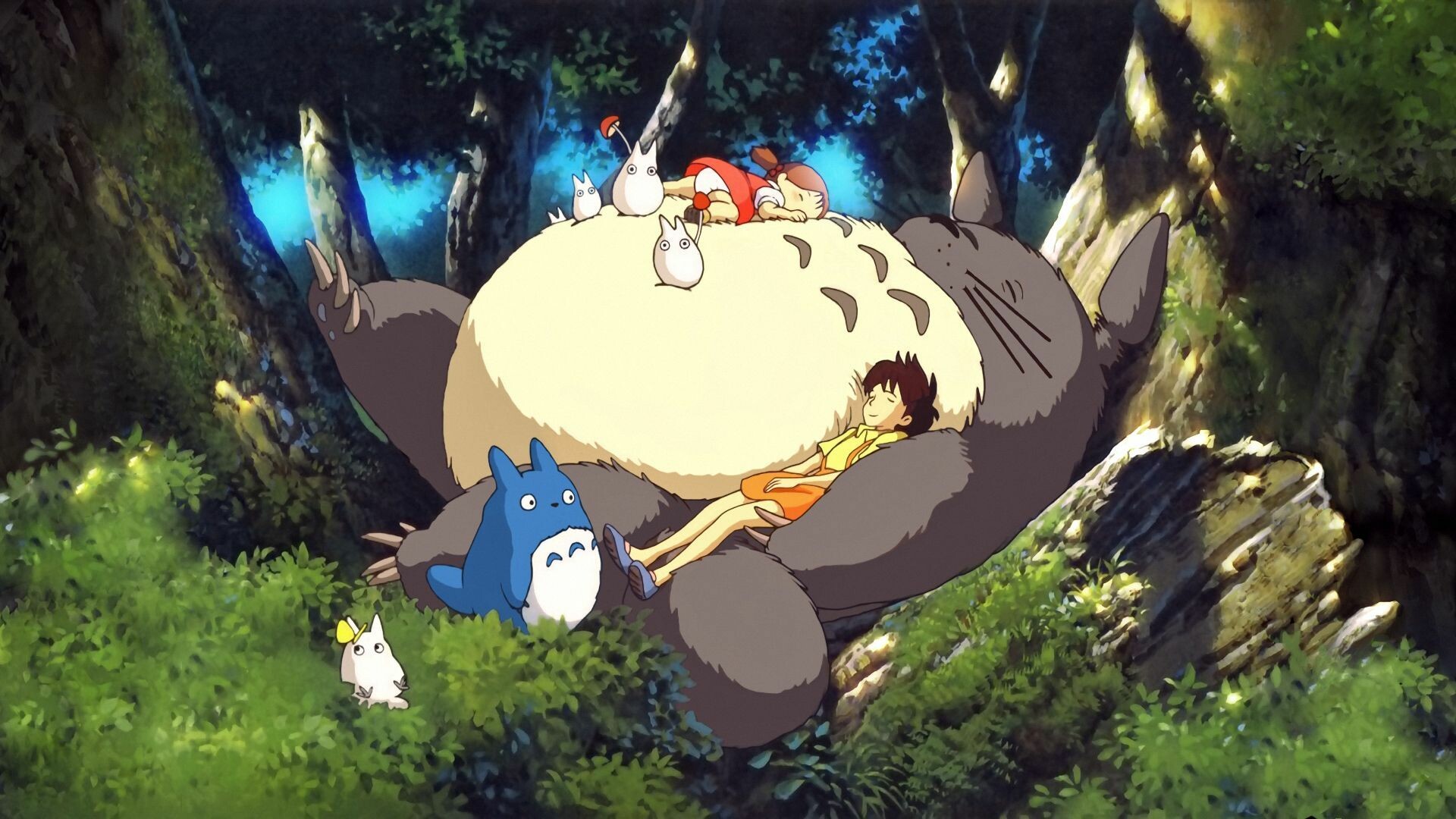 Big Totoro, Satsuki and Mei napping, Blue Chu-Totoro, White Chibi-Totoro Big Totoro, Satsuki and Mei napping, Blue Chu-Totoro, White Chibi-Totoro — 1920×1080 HD wallpaper