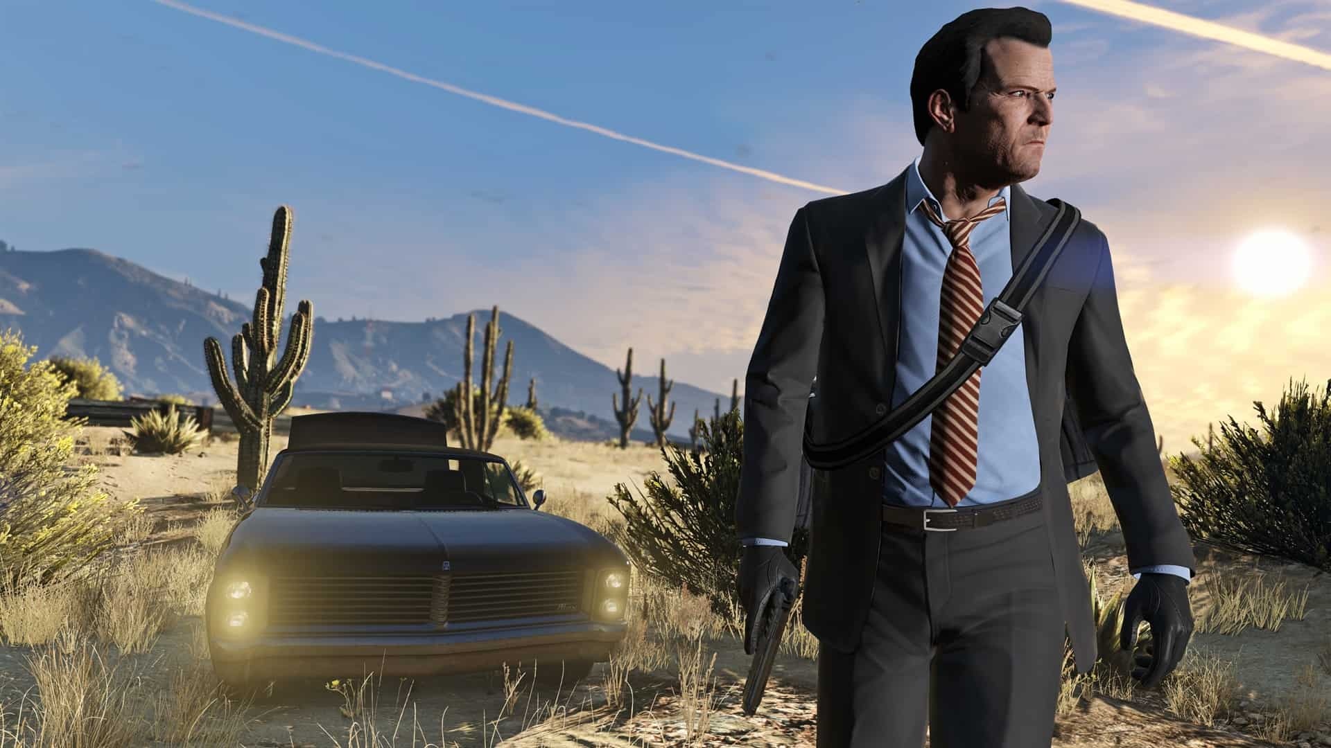 Michael De Santa, Black suit pistol, Grand Senora Desert cacti, Sunset desert sky Michael De Santa, Black suit pistol, Grand Senora Desert cacti, Sunset desert sky — 1920×1080 HD wallpaper
