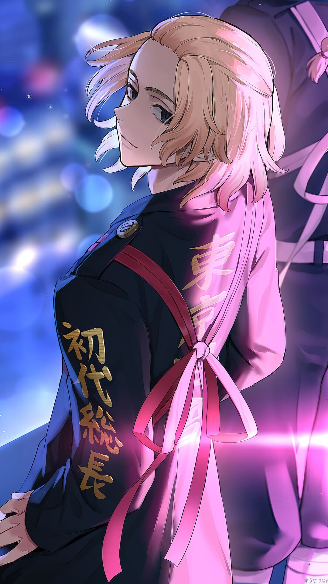 Manjiro Sano Mikey, Toman uniform, Pink ribbon sash, Neon night blur Manjiro Sano Mikey, Toman uniform, Pink ribbon sash, Neon night blur — 1080×1920 HD wallpaper
