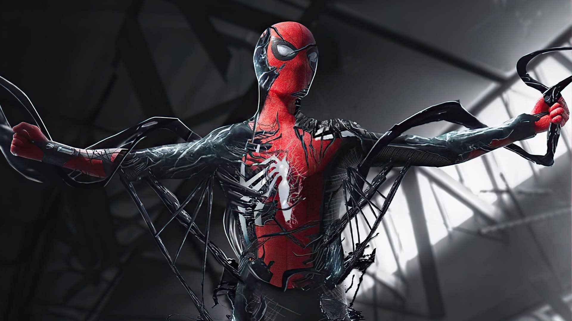 Peter Parker symbiote takeover, Black tendrils, Dark warehouse interior Peter Parker symbiote takeover, Black tendrils, Dark warehouse interior — 1920×1080 HD wallpaper
