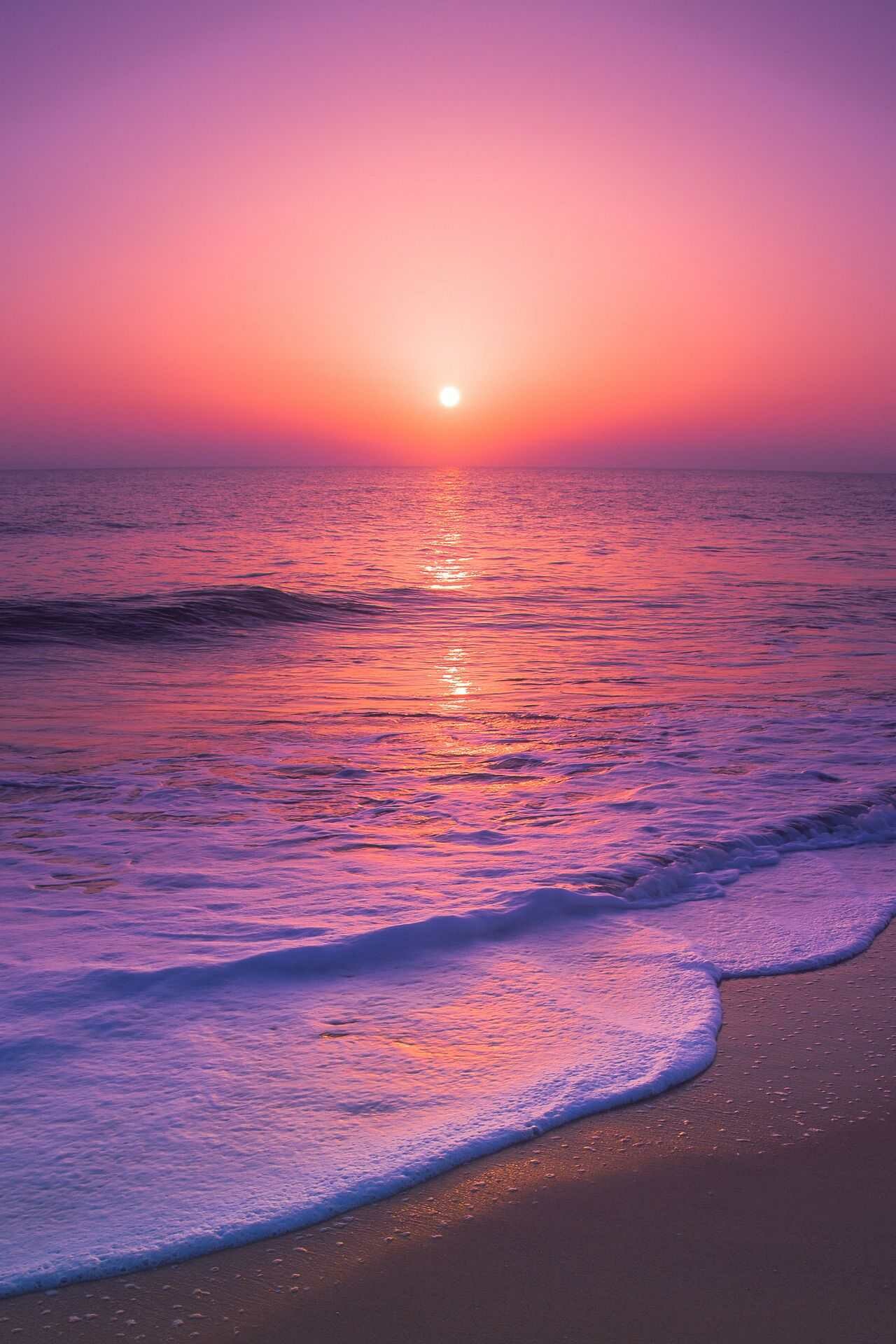Pastel pink sunset sky, Ocean beach waves foam, Sun over calm sea Pastel pink sunset sky, Ocean beach waves foam, Sun over calm sea — 1280×1920 HD wallpaper