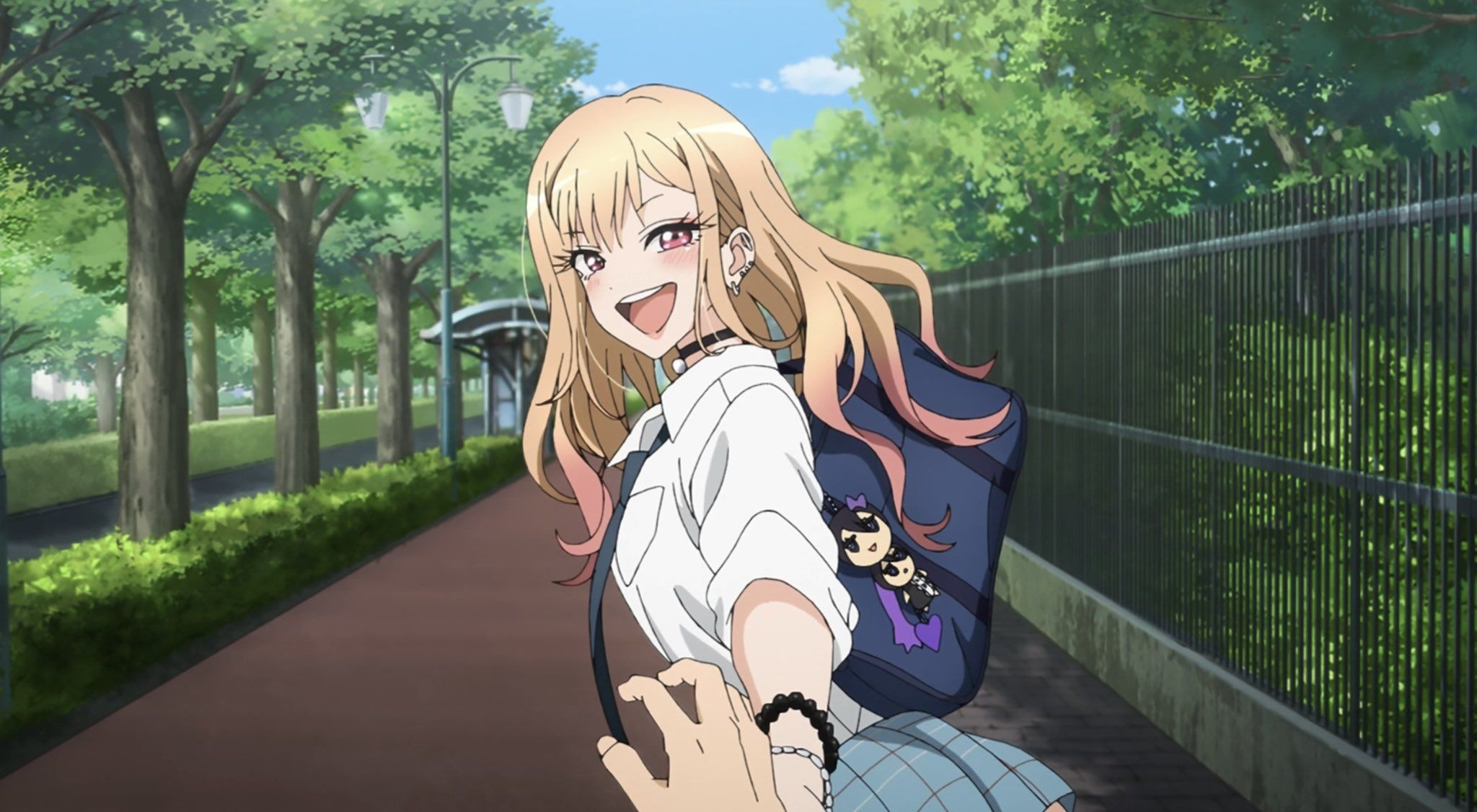 Marin Kitagawa, School uniform backpack, Tree-lined park path Marin Kitagawa, School uniform backpack, Tree-lined park path — 2048×1126 HD wallpaper