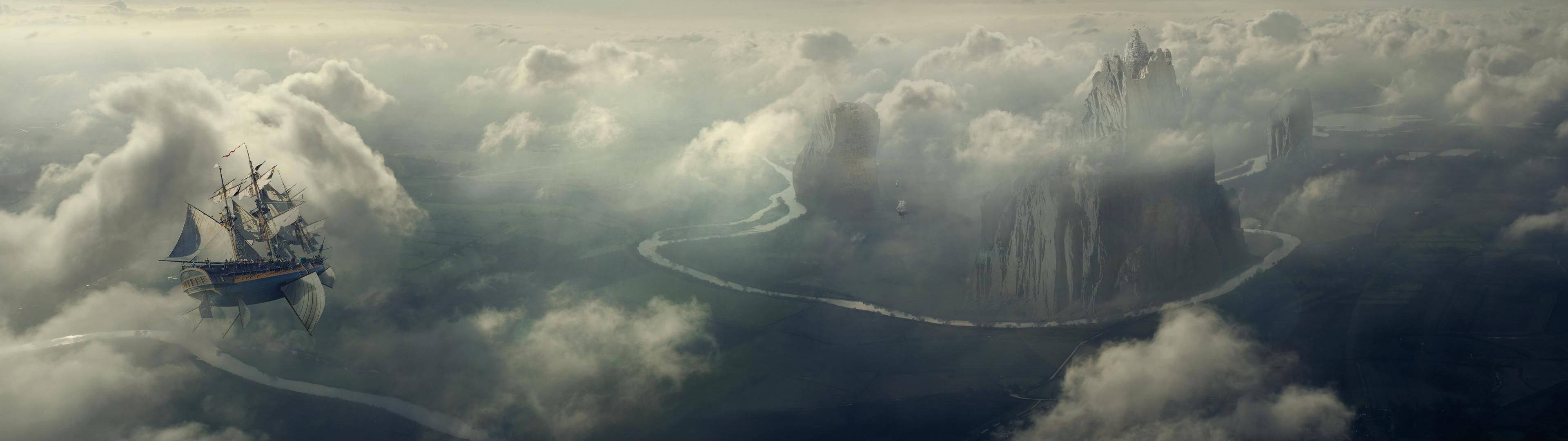 Sailing ship above clouds, Floating island mountain, Fantasy skyscape, Dual Screen Sailing ship above clouds, Floating island mountain, Fantasy skyscape, Dual Screen — 3840×1080 HD wallpaper