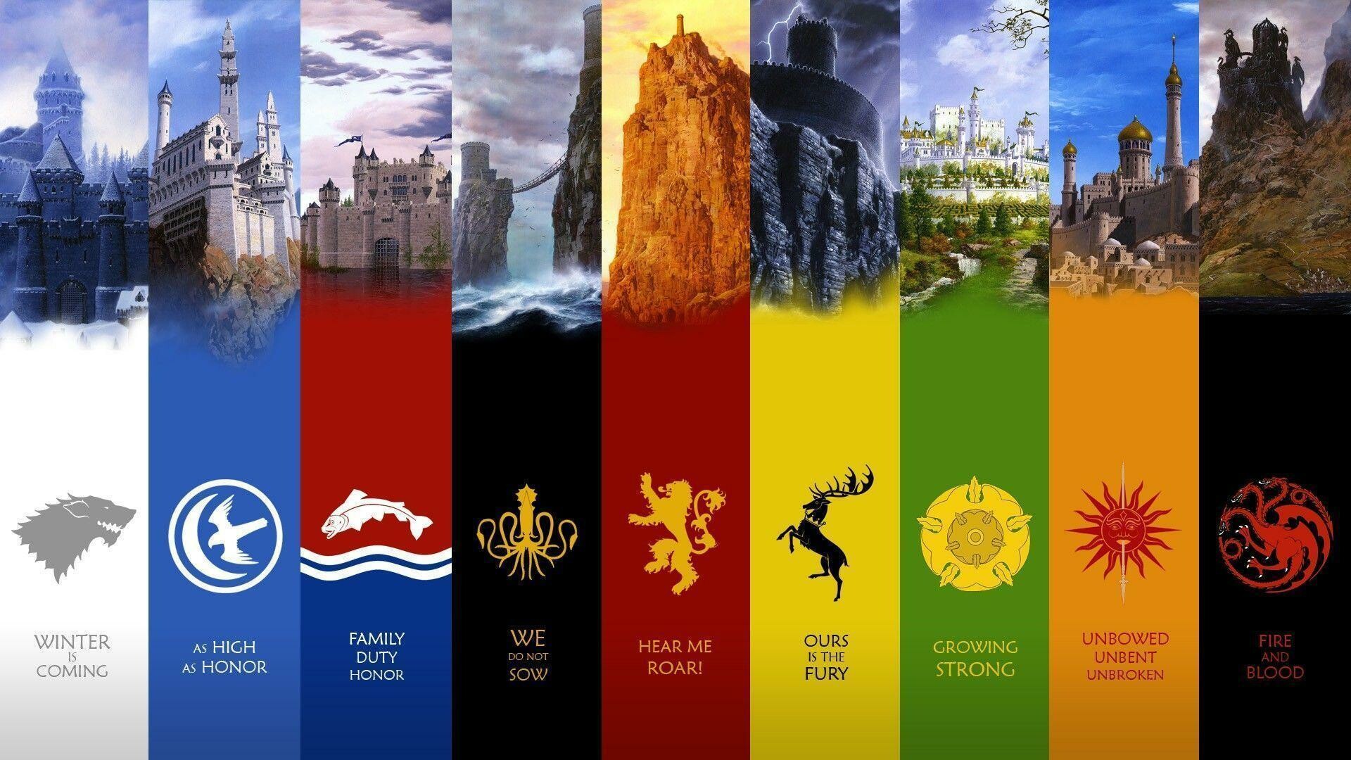 House Stark direwolf sigil, House Targaryen three-headed dragon sigil, House Lannister lion sigil, House Tully, House Greyjoy, House Baratheon, House Tyrell, House Martell House Stark direwolf sigil, House Targaryen three-headed dragon sigil, House Lannister lion sigil, House Tully, House Greyjoy, House Baratheon, House Tyrell, House Martell — 1920×1080 HD wallpaper