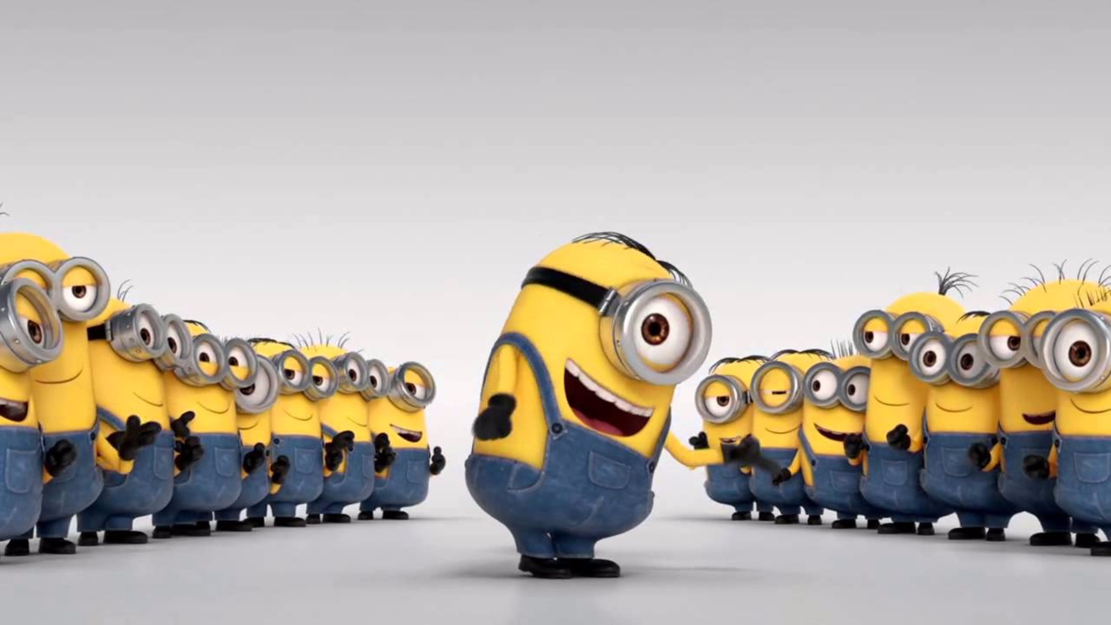 Dancing solo Minion, Rows of lined-up Minions, Gray studio floor Dancing solo Minion, Rows of lined-up Minions, Gray studio floor — 3840×2160 HD wallpaper