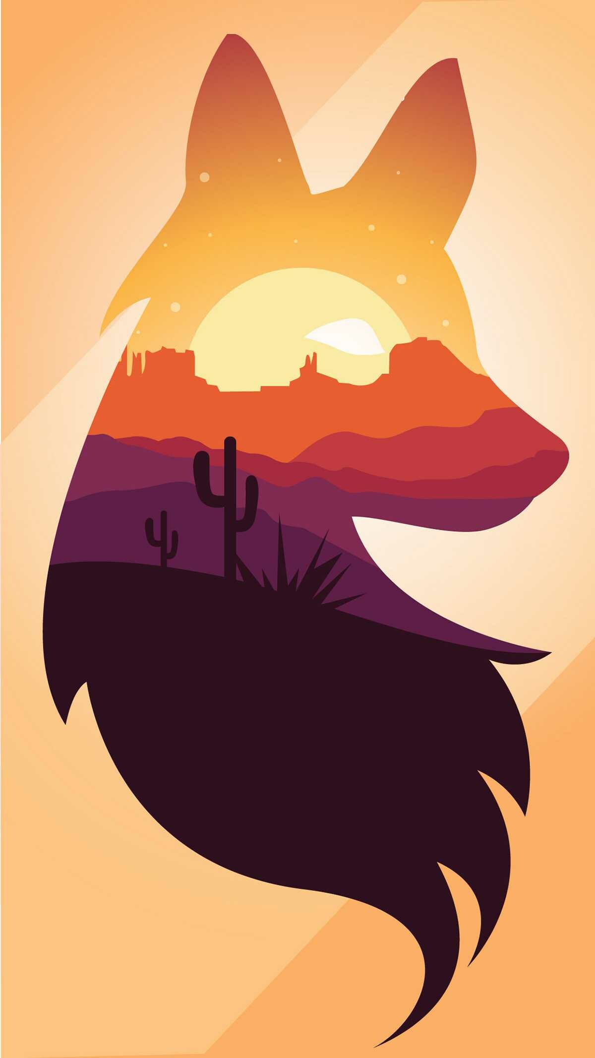 Fox head silhouette, Desert sunset scene, Saguaro cactus mesas Fox head silhouette, Desert sunset scene, Saguaro cactus mesas — 1200×2133 HD wallpaper