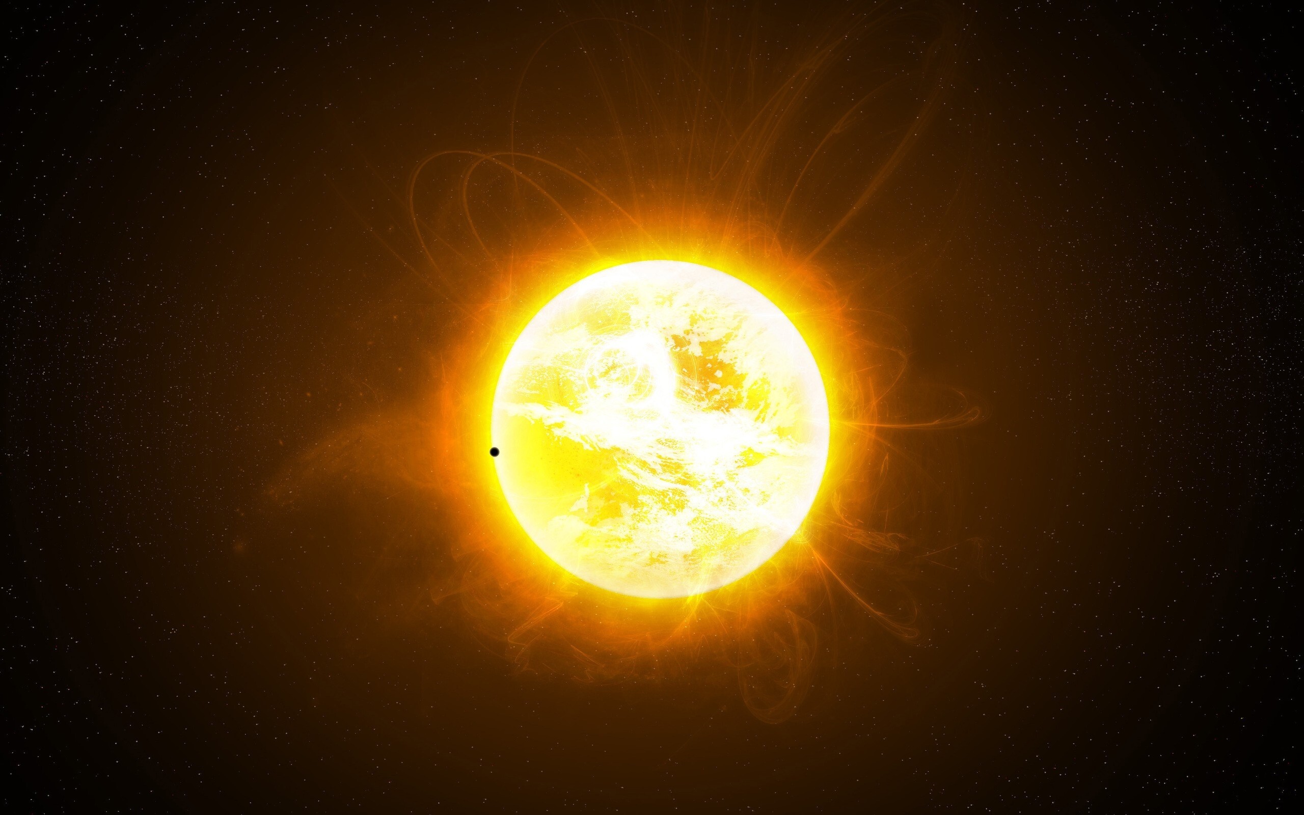 Blazing sun with corona, Planet transit silhouette, Starry black space Blazing sun with corona, Planet transit silhouette, Starry black space — 2560×1600 HD wallpaper