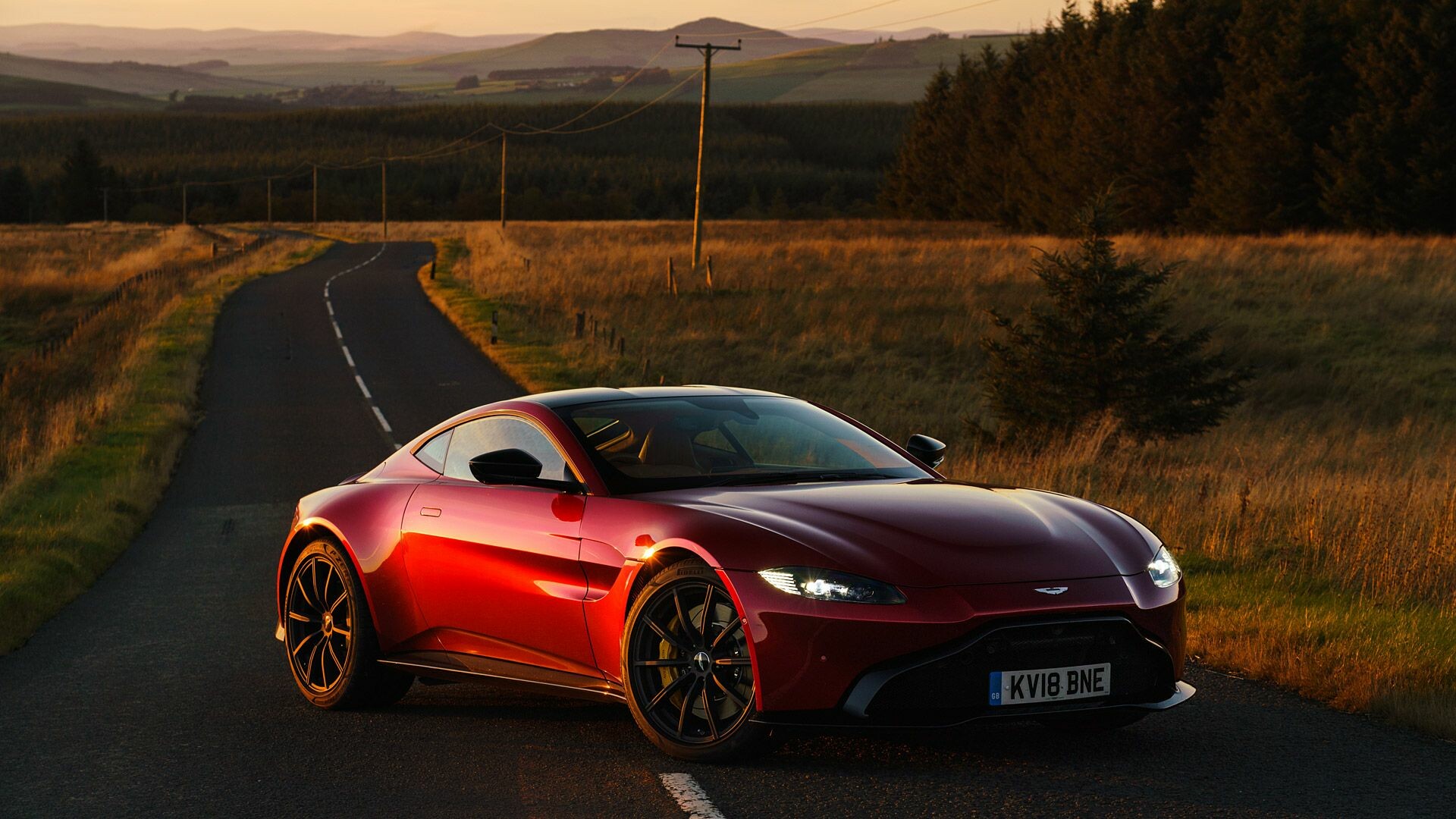 Aston Martin Vantage, KV18 BNE plate, Countryside road sunset Aston Martin Vantage, KV18 BNE plate, Countryside road sunset — 1920×1080 HD wallpaper