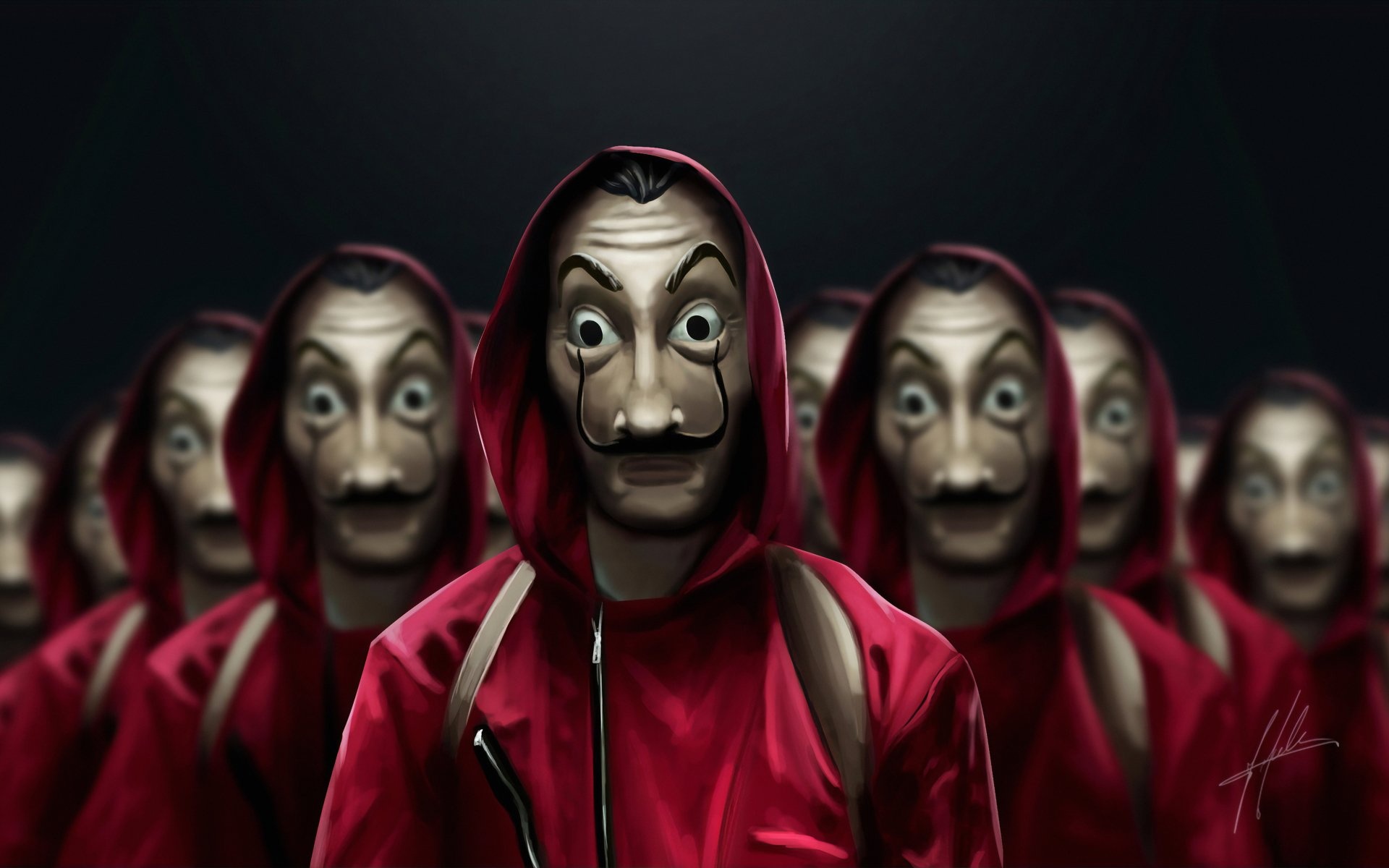 Salvador Dali masks, Red hooded jumpsuits, Dark backdrop Salvador Dali masks, Red hooded jumpsuits, Dark backdrop — 1920×1200 HD wallpaper
