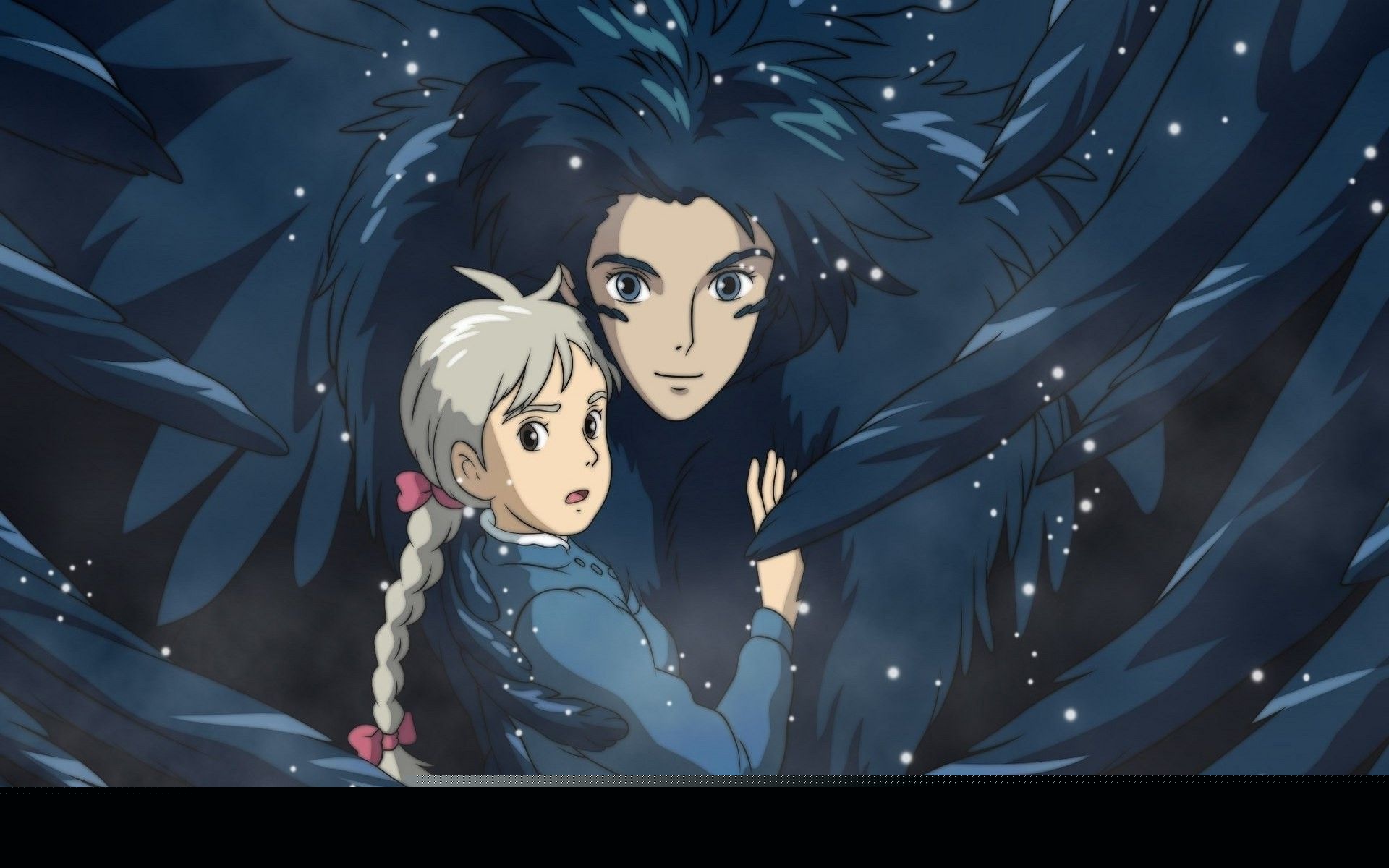Howl and Sophie embrace, Sophie's silver braided hair, Howl's blue feathered wings, Starry night sky Howl and Sophie embrace, Sophie's silver braided hair, Howl's blue feathered wings, Starry night sky — 1920×1200 HD wallpaper