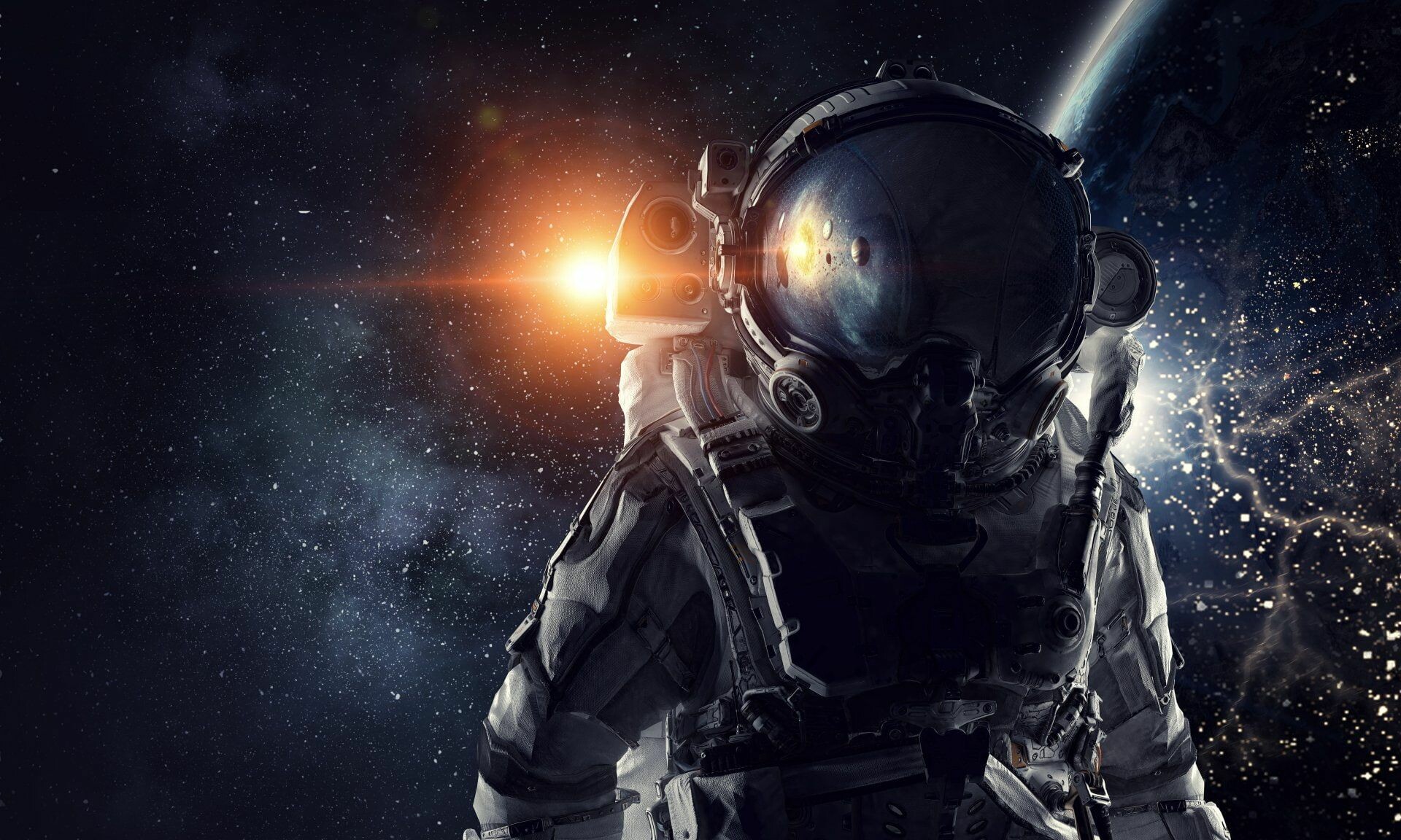 Astronaut in spacesuit, Reflective helmet visor, Earth from orbit, Starfield sun flare Astronaut in spacesuit, Reflective helmet visor, Earth from orbit, Starfield sun flare — 1920×1152 HD wallpaper