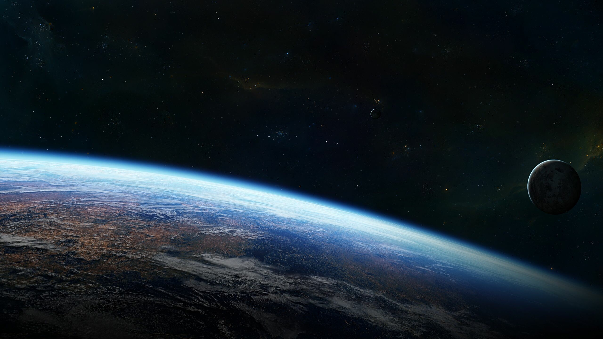 Earth from orbit, Distant Moon, Starfield space Earth from orbit, Distant Moon, Starfield space — 2560×1440 HD wallpaper