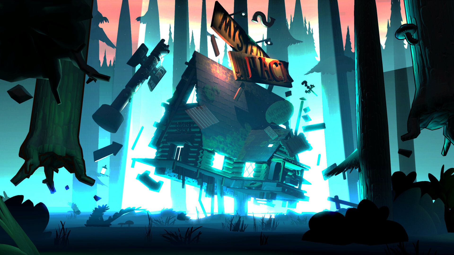 Mystery Shack, Teal glow, Pine forest silhouette Mystery Shack, Teal glow, Pine forest silhouette — 1920×1080 HD wallpaper