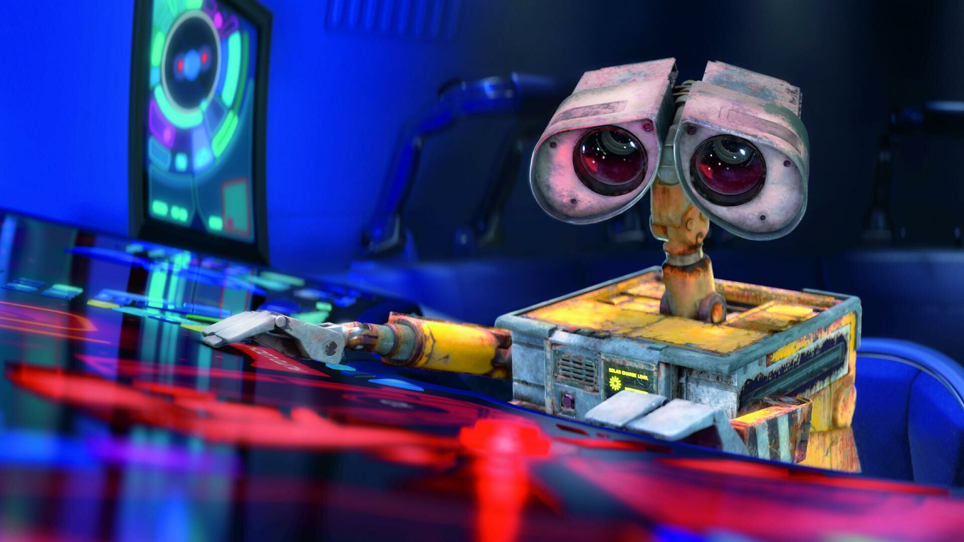 WALL-E robot, Axiom spaceship interior, Glowing control panel, Neon blue lighting WALL-E robot, Axiom spaceship interior, Glowing control panel, Neon blue lighting — 1920×1080 HD wallpaper