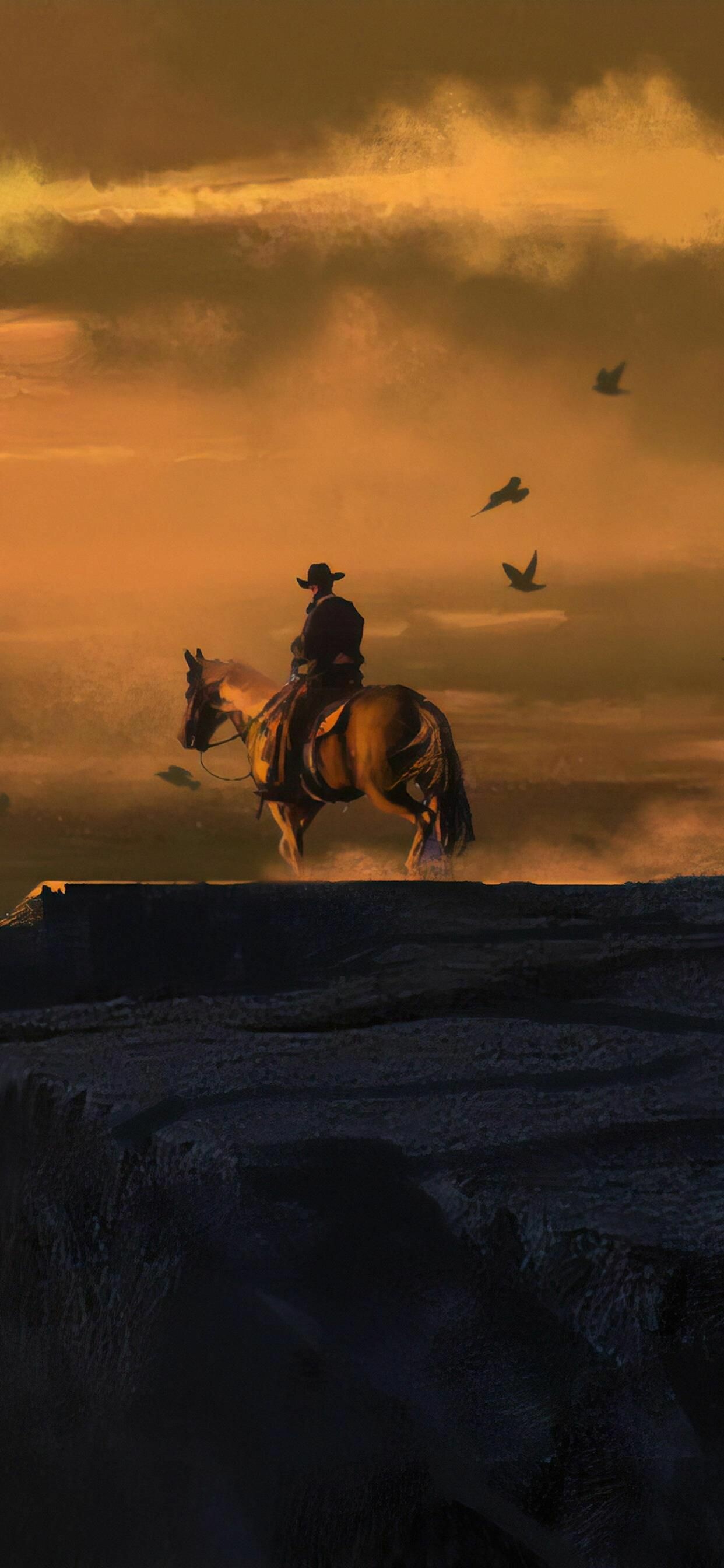 Cowboy on horseback, Dusty prairie sunset, Circling crows Cowboy on horseback, Dusty prairie sunset, Circling crows — 1242×2688 HD wallpaper