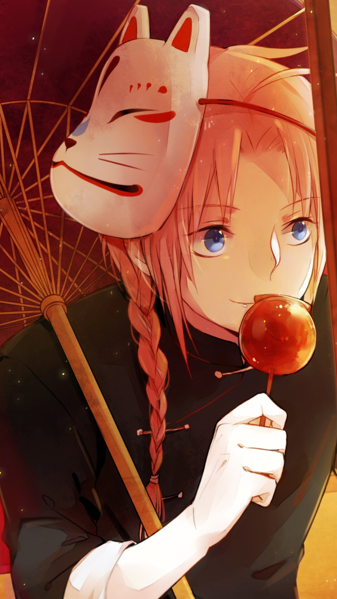 Kagura, Kitsune fox mask, Candied apple, Red wagasa umbrella Kagura, Kitsune fox mask, Candied apple, Red wagasa umbrella — 1080×1920 HD wallpaper