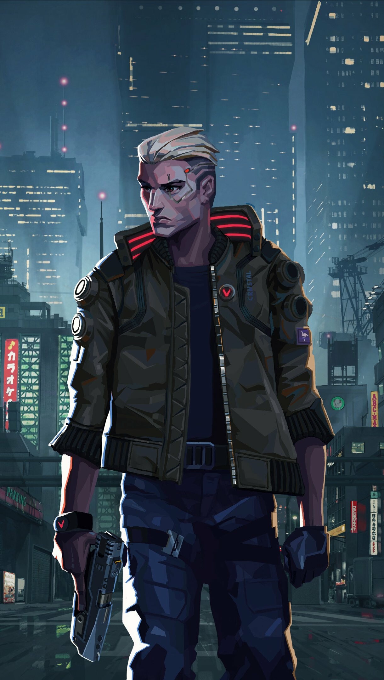 Male V, Red-striped collar jacket, Night City high-rises Male V, Red-striped collar jacket, Night City high-rises — 1220×2160 HD wallpaper