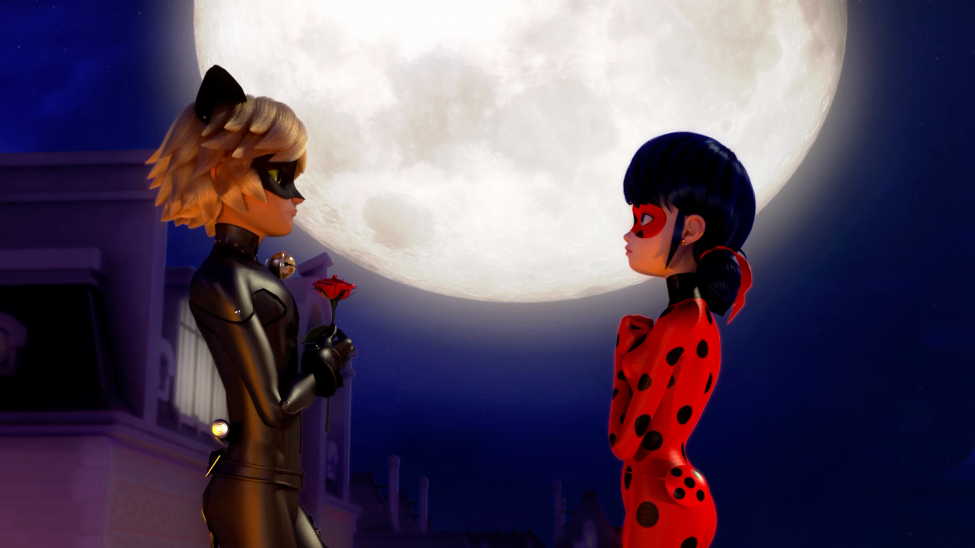 Cat Noir holding rose, Ladybug facing Cat Noir, Full moon night sky Cat Noir holding rose, Ladybug facing Cat Noir, Full moon night sky — 1920×1080 HD wallpaper